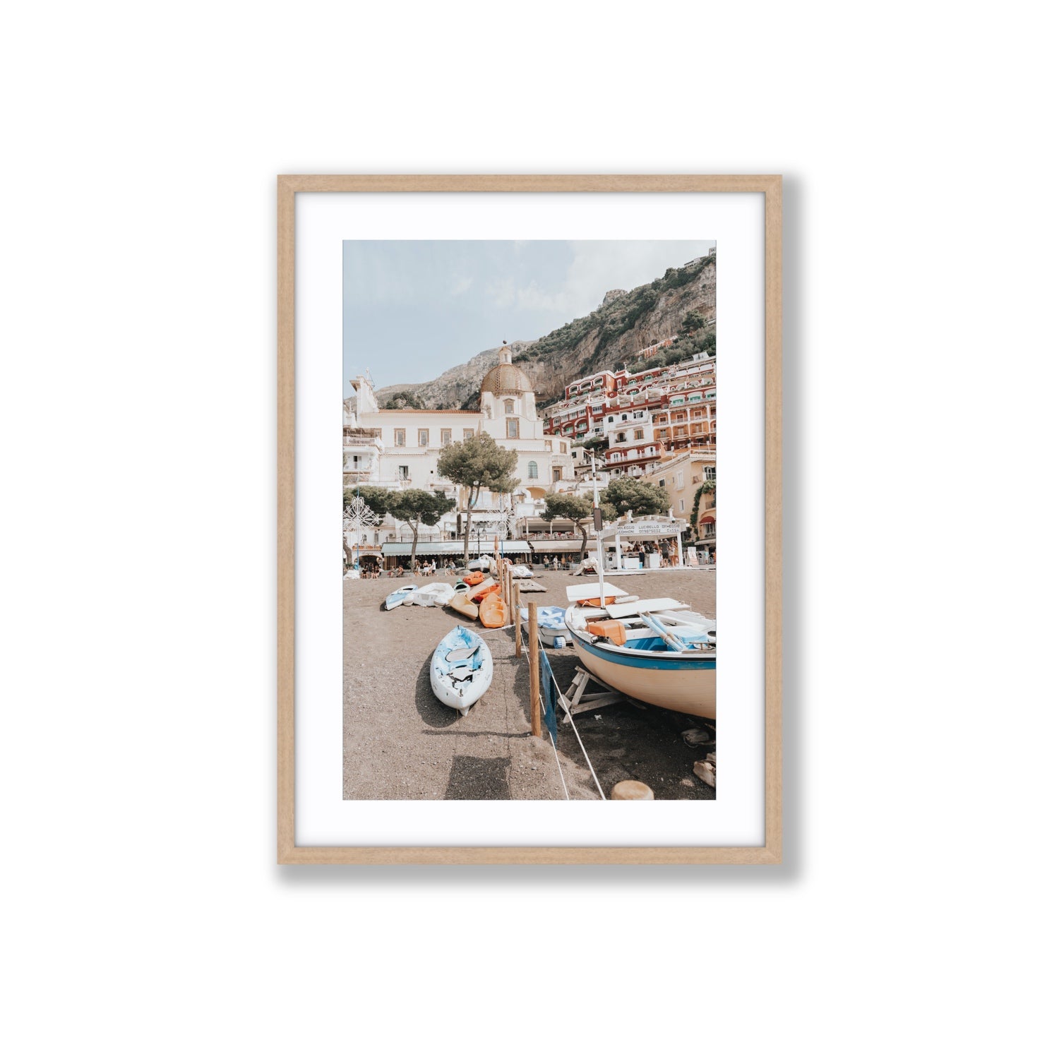 Seaside Hues Positano wall art Large fine art print in natural oak frame with matboard