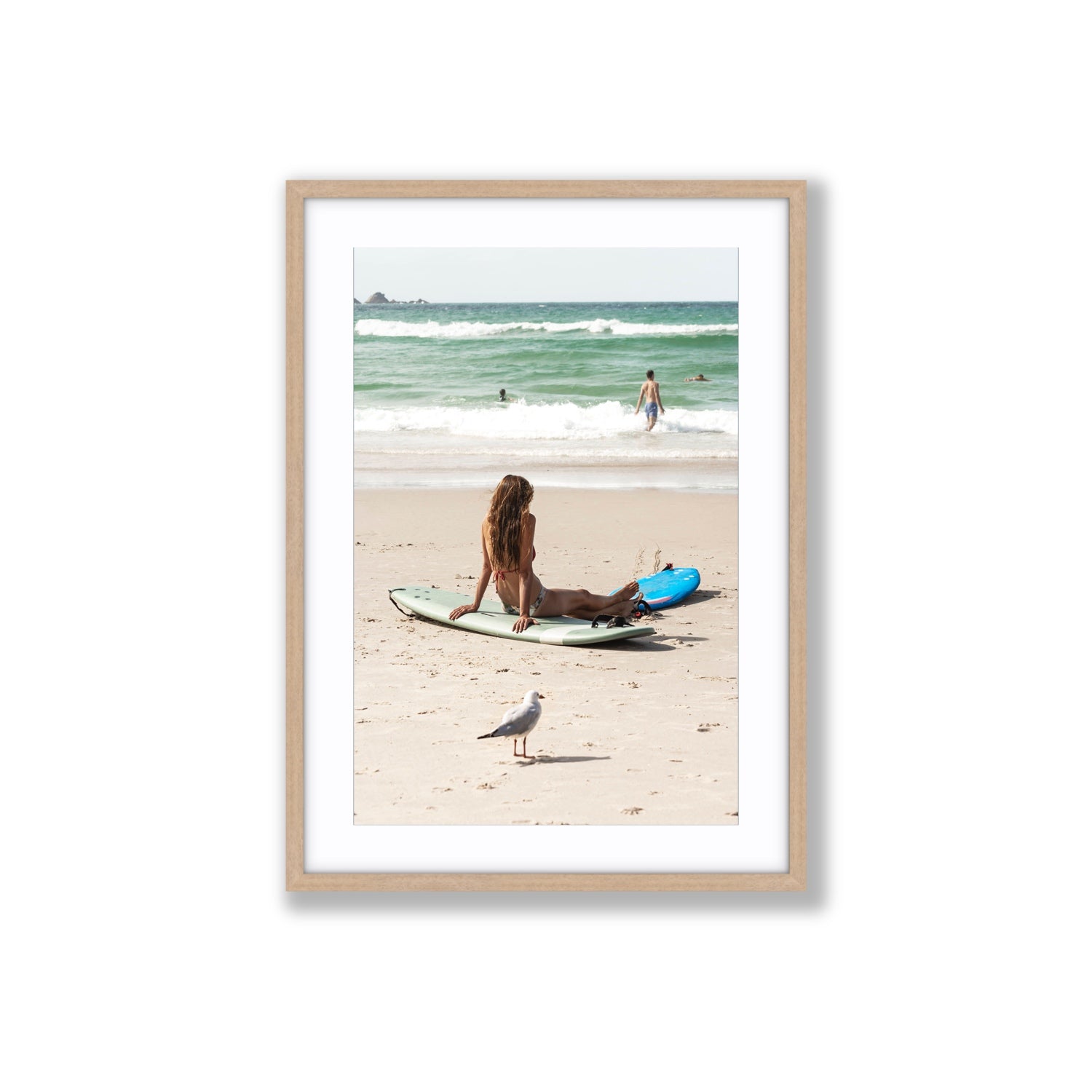 Carissa Byron Bay Surf coastal wall art Large fine art print in natural oak frame with matboard