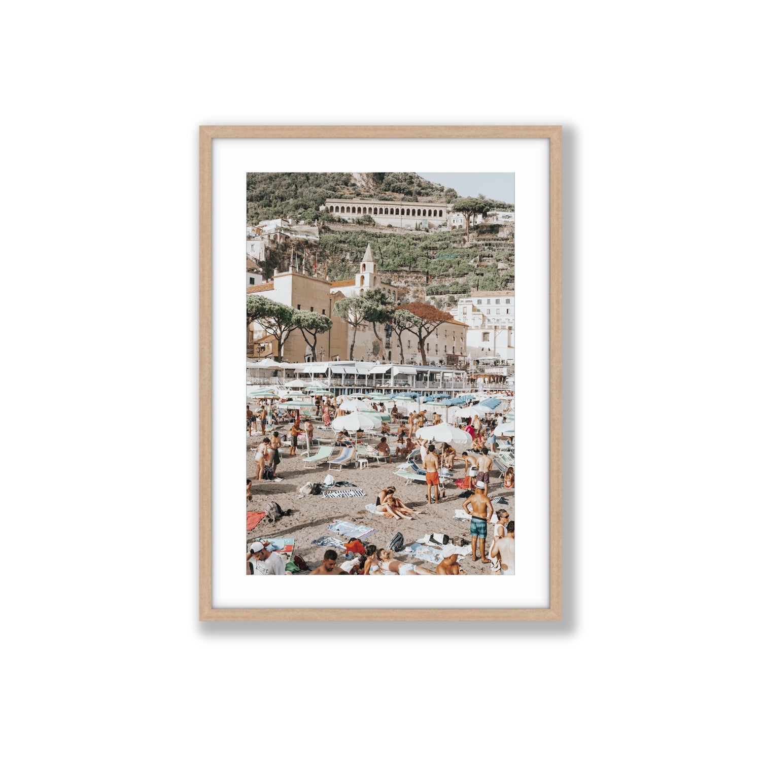 Festa In Spiaggia Amalfi coastal wall art Large fine art print in natural oak frame with matboard