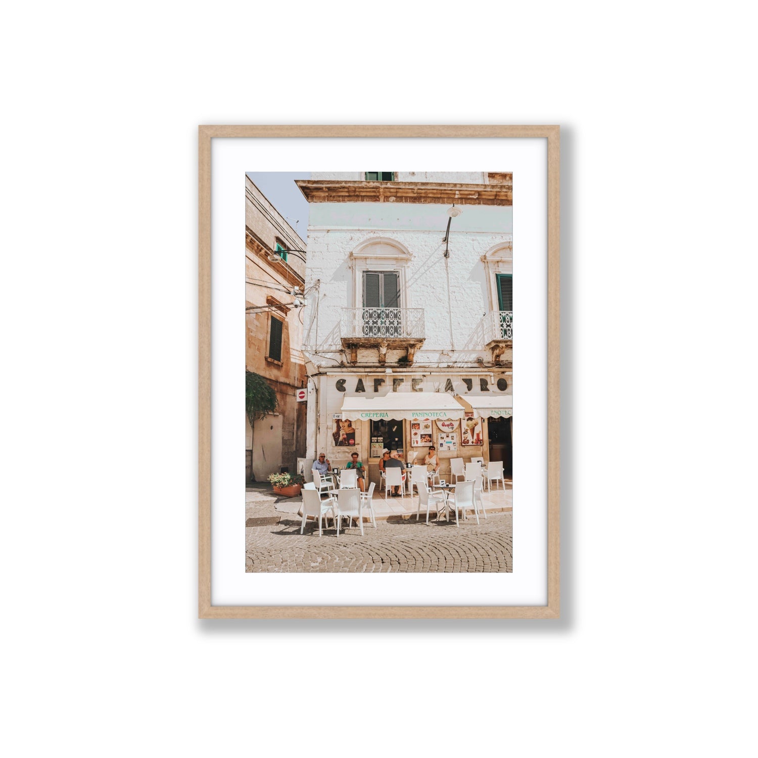 Cafe Ostuni Puglia Café Ostuni Italian wall art Large fine art print in natural oak frame with matboard