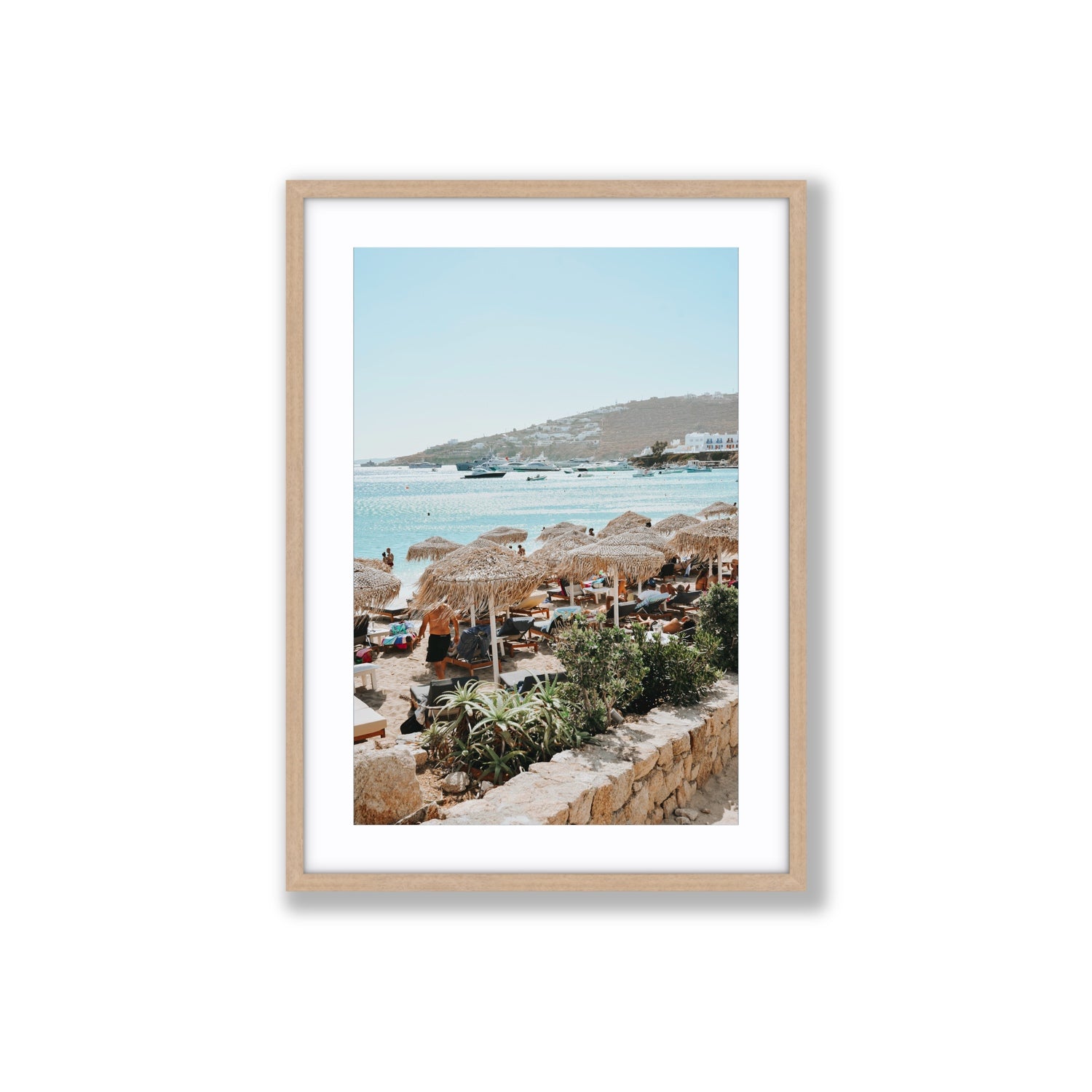 Beachside Huts Mykonos Greek island wall art Large fine art print in natural oak frame with matboard