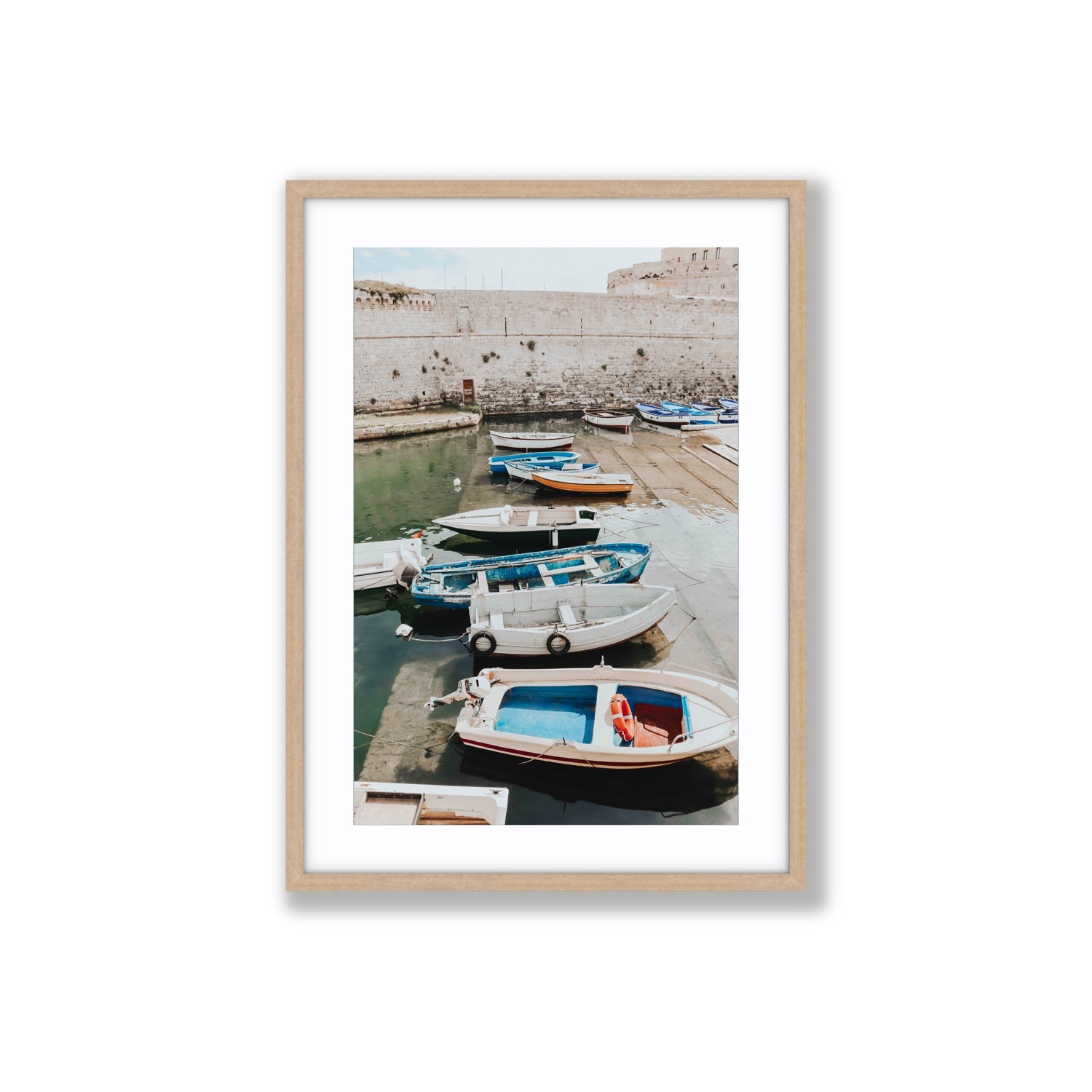 Harbour Palette Puglia coastal photography wall art Large fine art print in natural oak frame with matboard