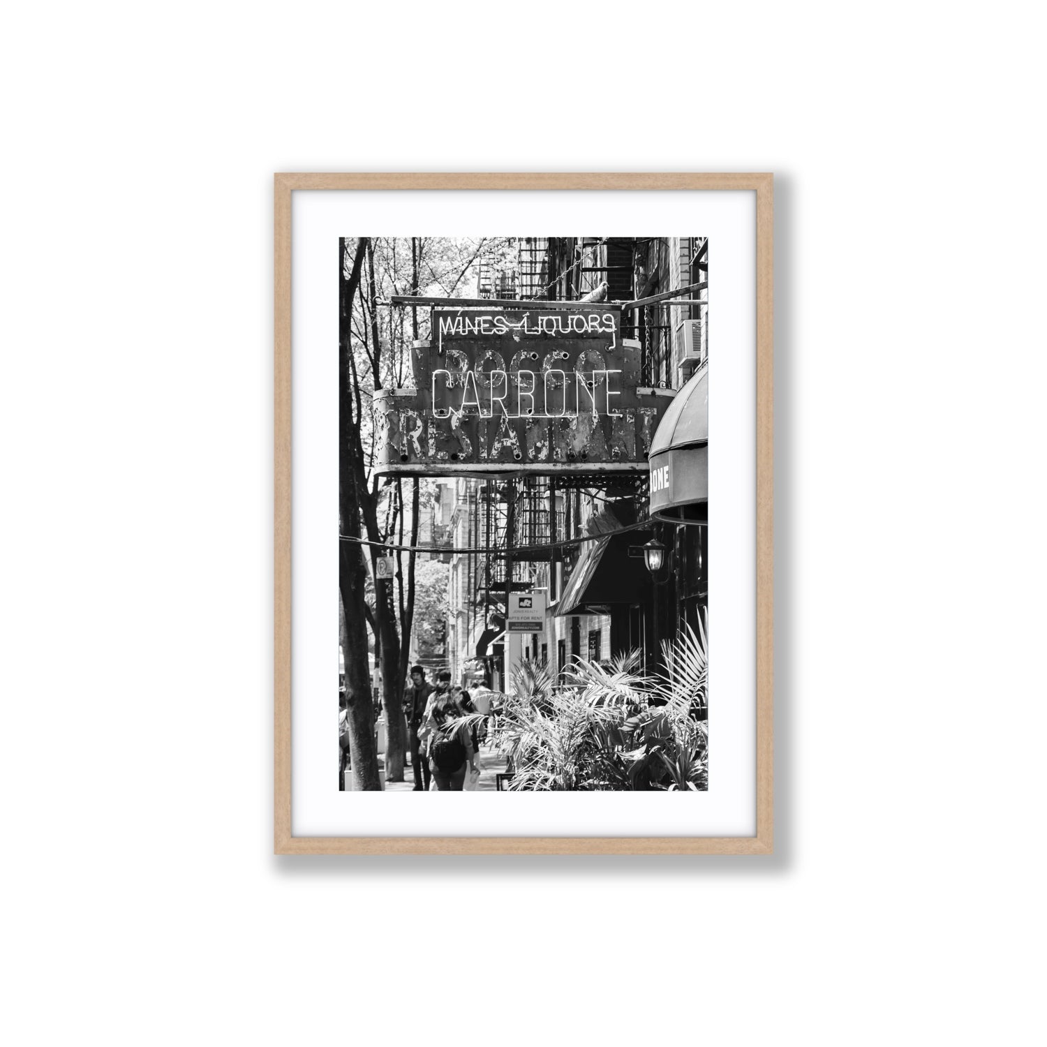 Paparazzi To Pasta New York NYC Black & White wall art Large fine art print in natural oak frame with matboard