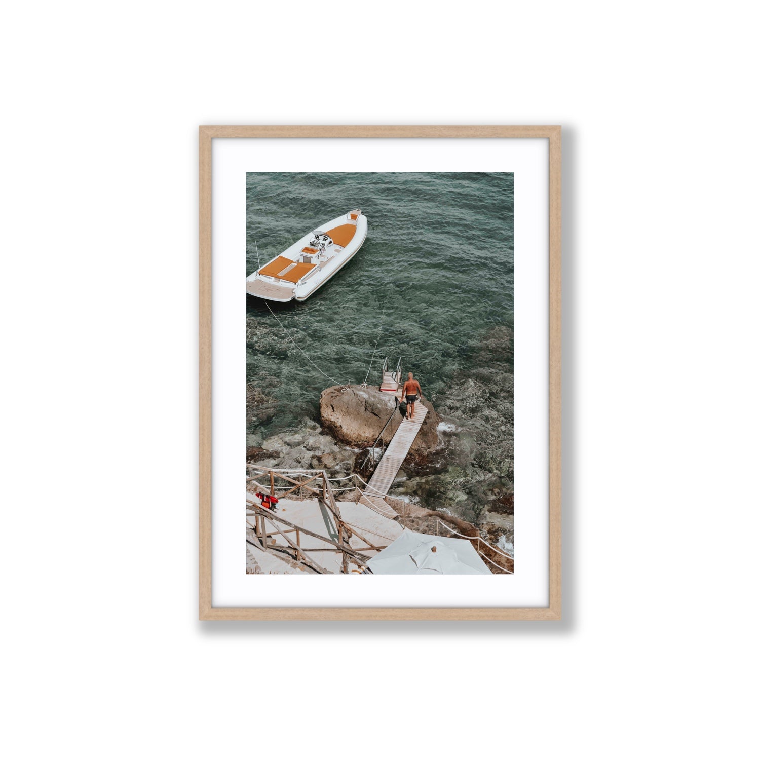 Secret Cove Tuscany coastal Italian wall art Large fine art print in natural oak frame with matboard