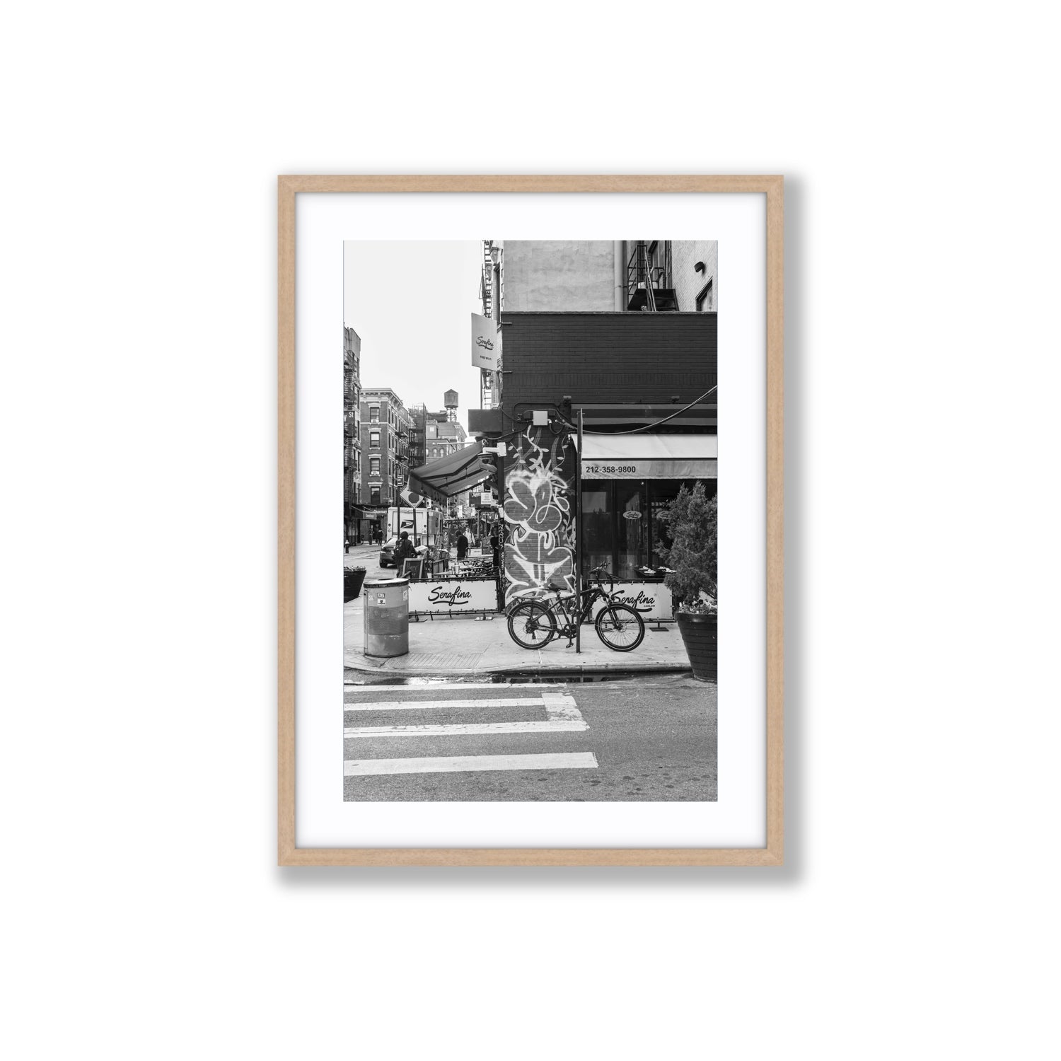 Cafe Canvas New York NYC Black & White wall art Large fine art canvas in natural oak frame