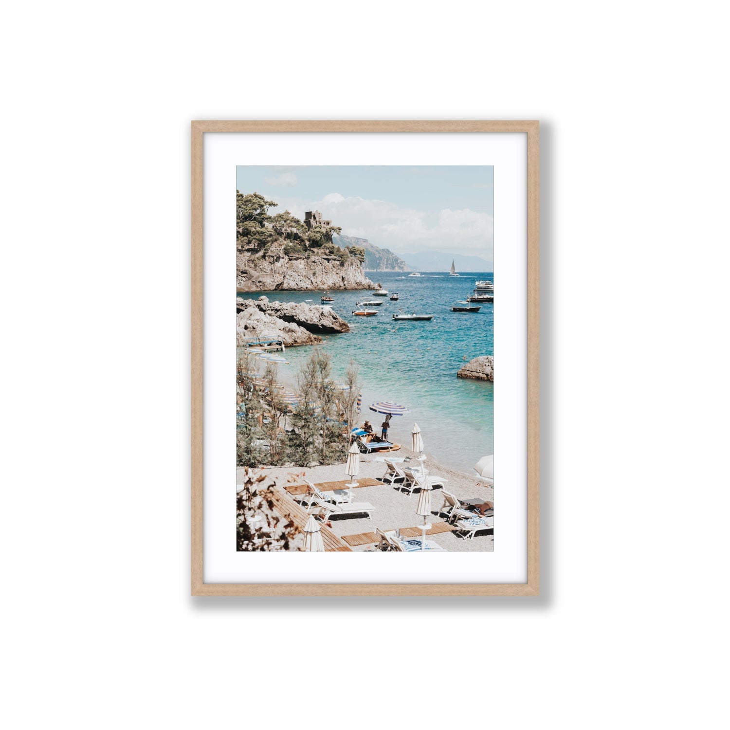 Sizzling Summer Days Amalfi coastal wall art Large fine art print in natural oak frame with matboard
