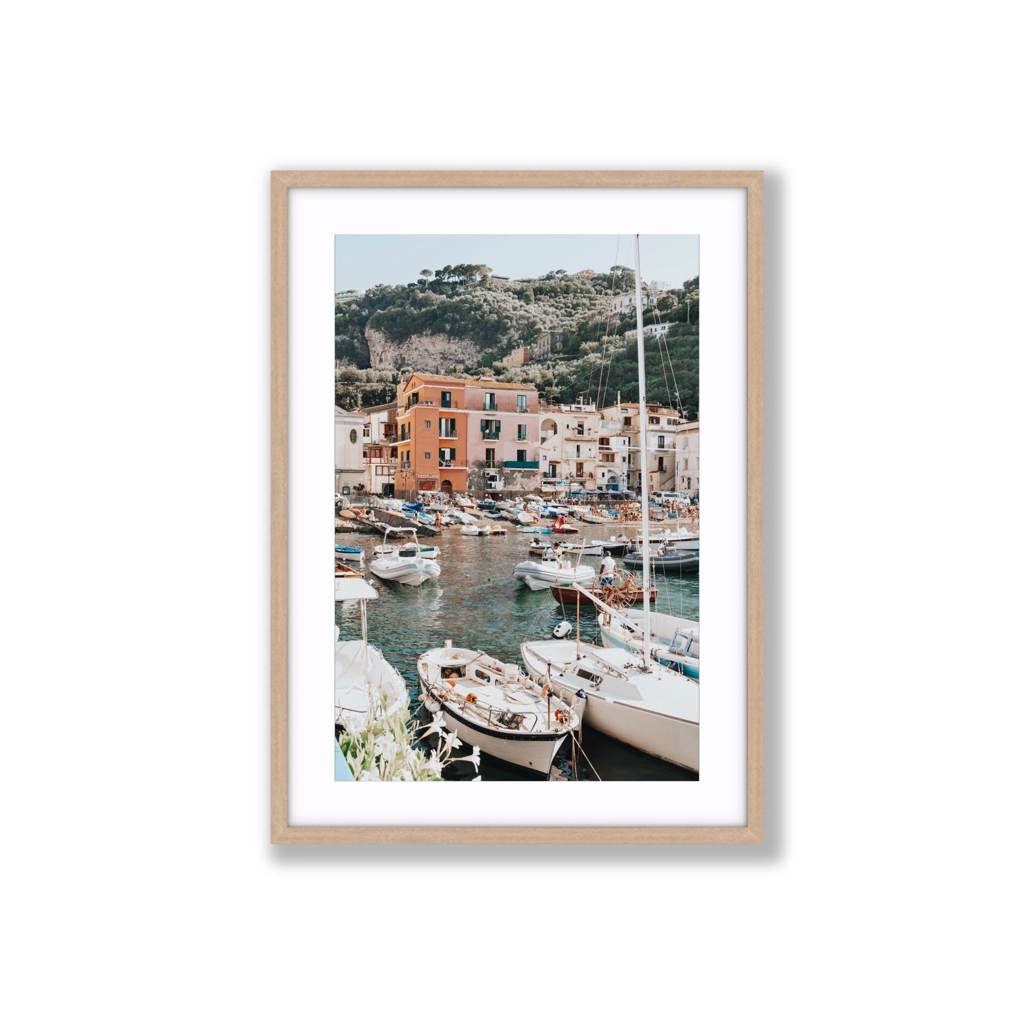 Marina Grande Sorrento coastal Italian wall art Large fine art print in natural oak frame with matboard