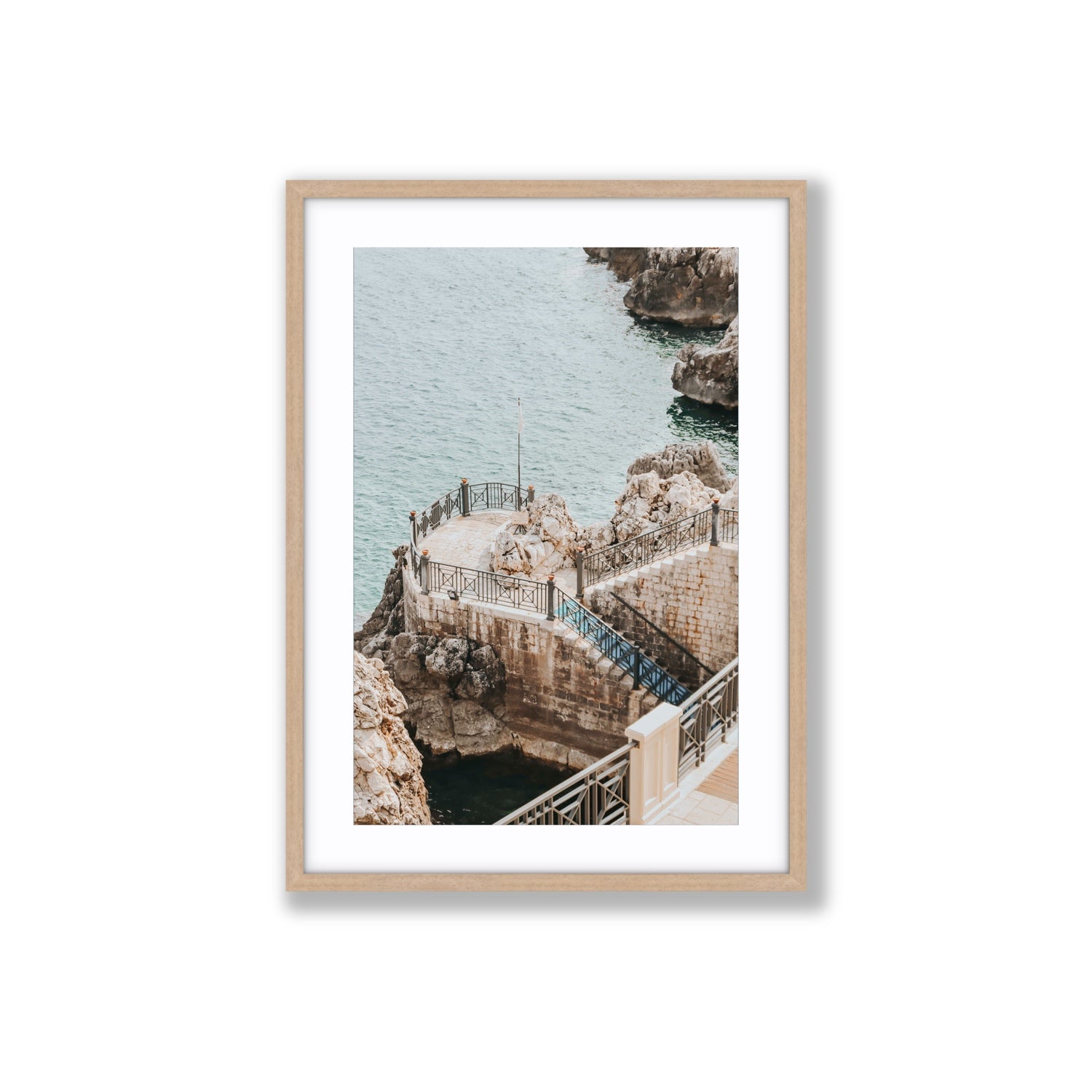 Tidal Staircase Puglia coastal Italian wall art Large fine art print in natural oak frame with matboard