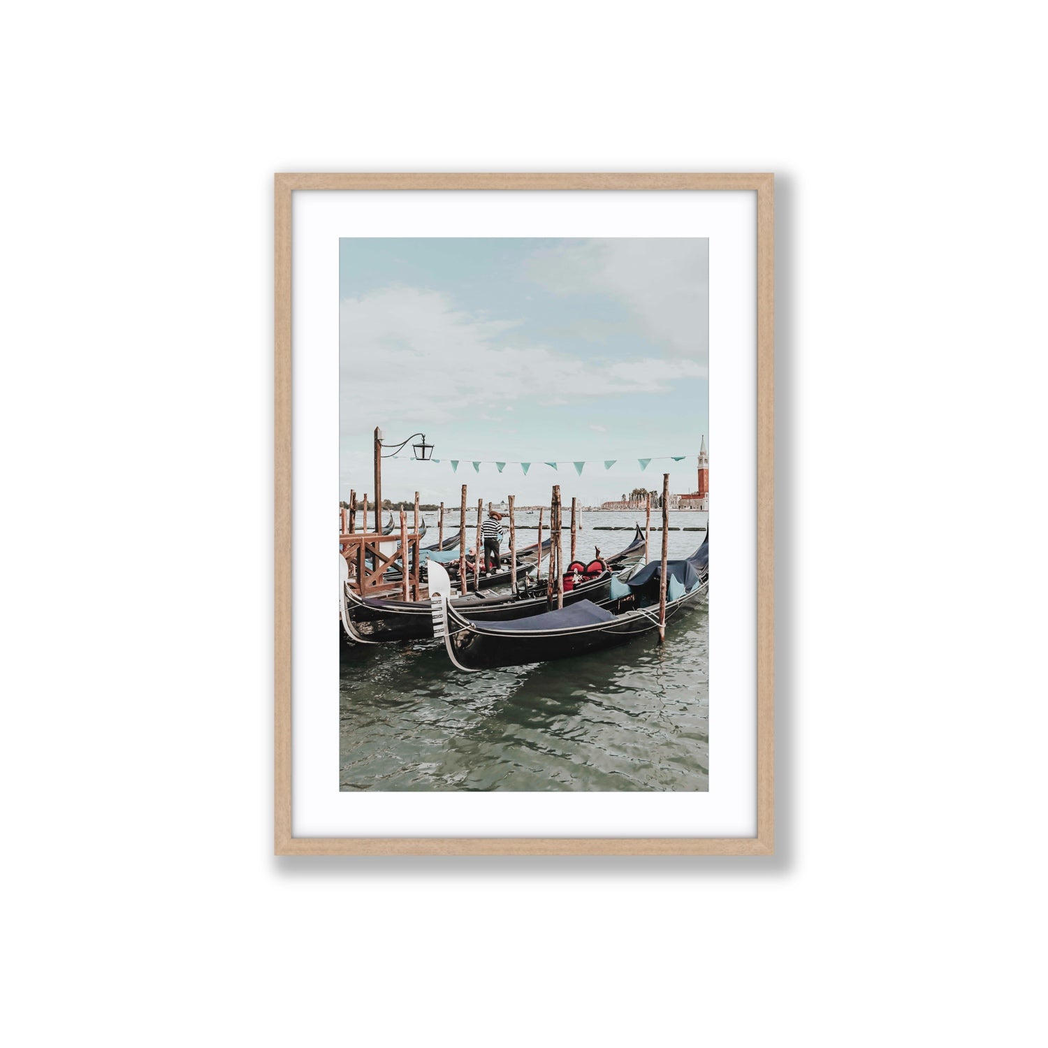 The Gondolier Venice Gondola Italian wall art Large fine art print in natural oak frame with matboard