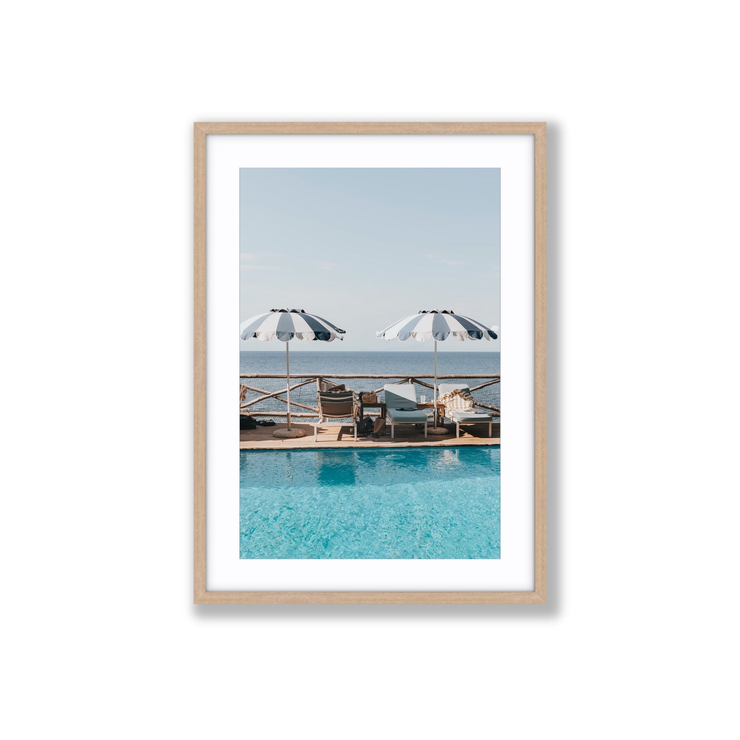 Beach Retreat fine art print, Ischia, Italy, european beach clubs artwork, Large, Natural Oak Frame · Matboard, Fine Art Print