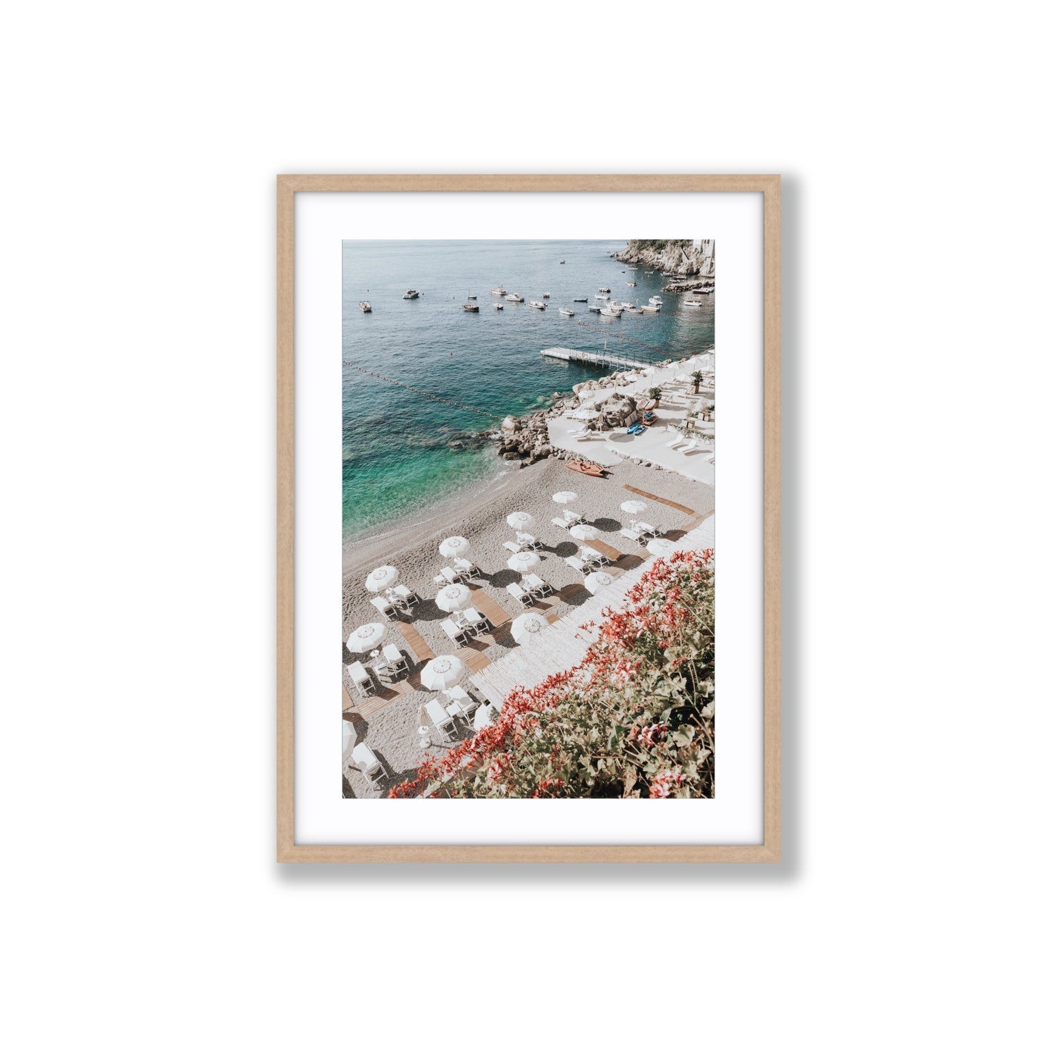 Tranquil Oasis Amalfi coastal wall art Large fine art print in natural oak frame with matboard
