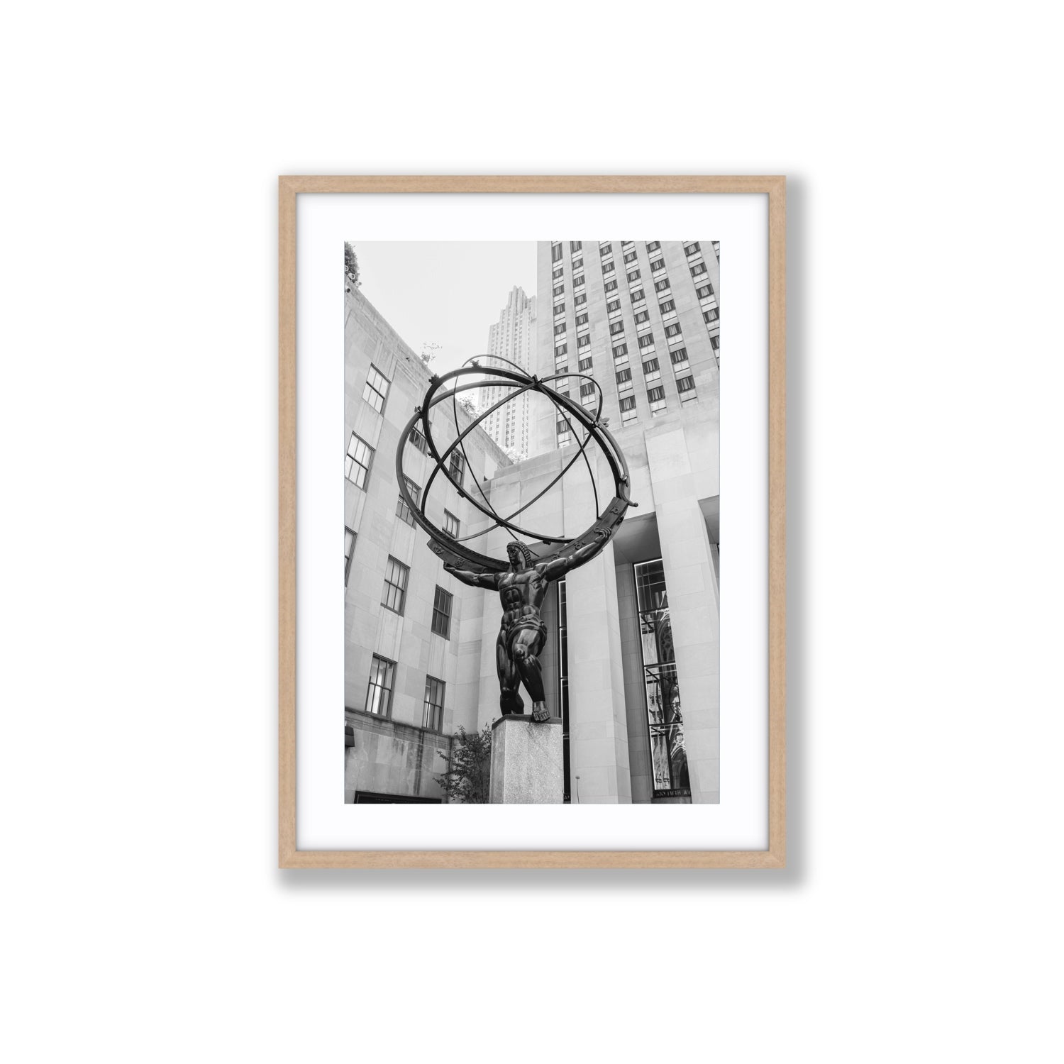 Atlas Ascends New York NYC Black & White wall art Large fine art print in natural oak frame with matboard