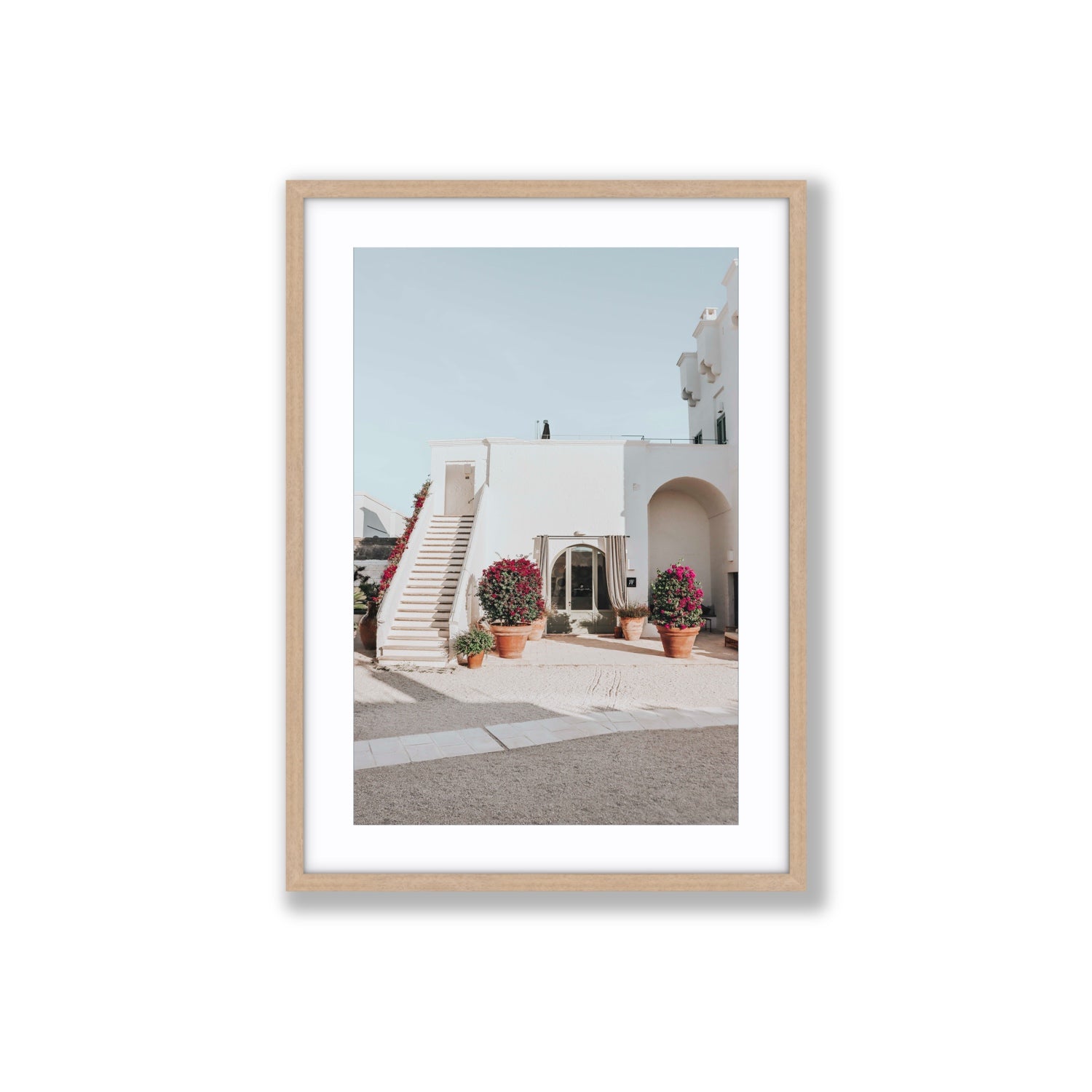 Scala Fiorita Puglia Mediterranean wall art Large fine art print in natural oak frame with matboard