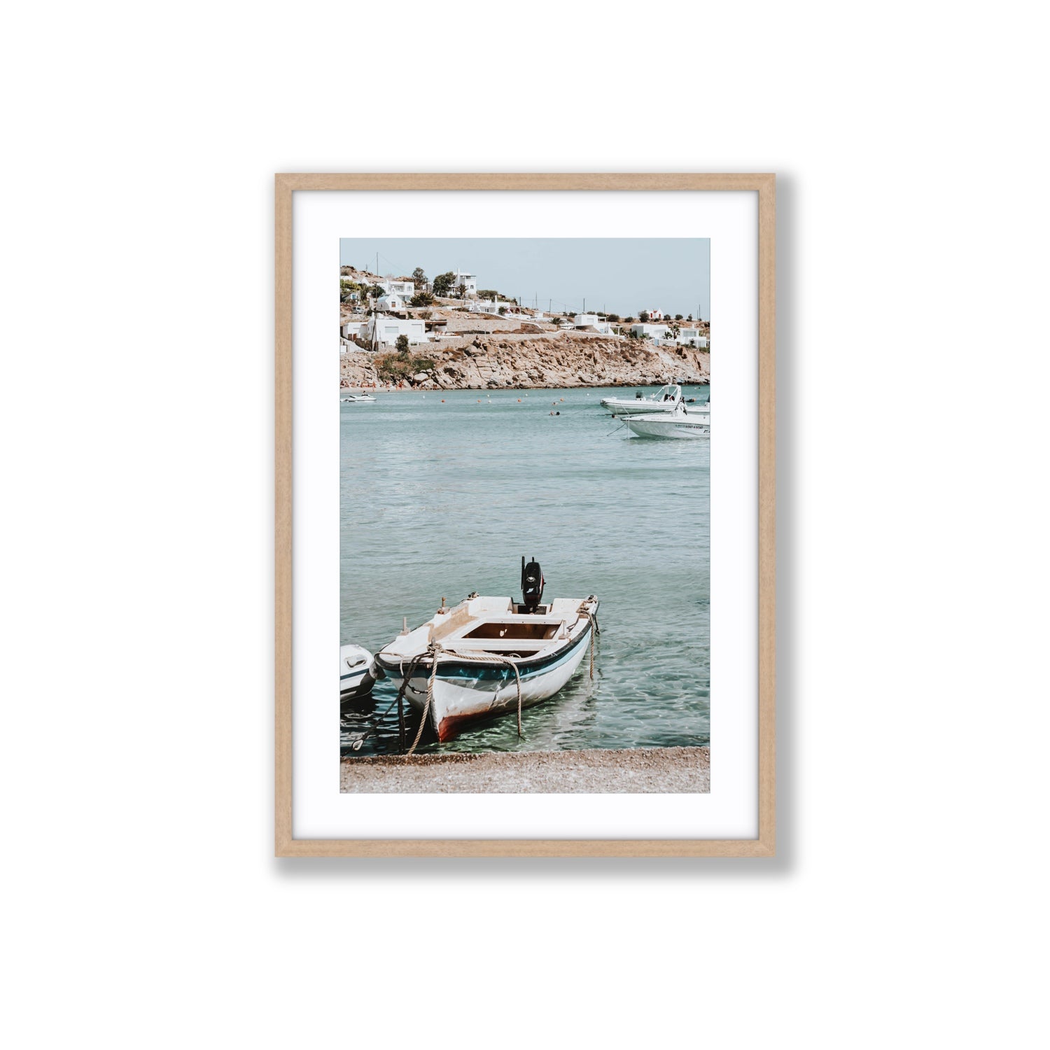 Classic Wheels Mykonos Greek island wall art Large fine art print in natural oak frame with matboard