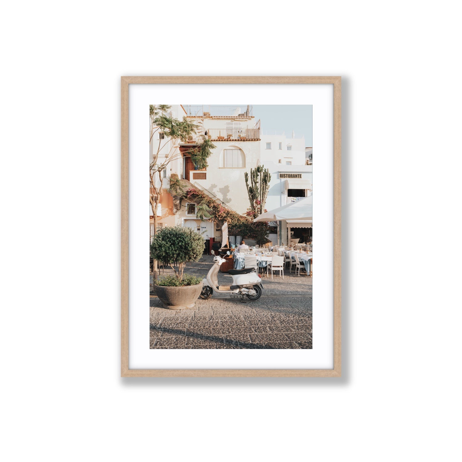 Ristorante Ischia Italian Mediterranean decor wall art Large fine art print in natural oak frame with matboard