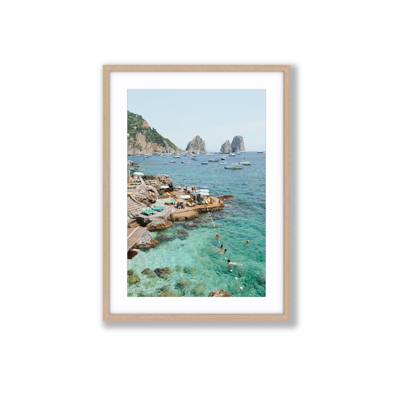 Summertime Blues Capri Mediterranean wall art Large fine art print in natural oak frame with matboard
