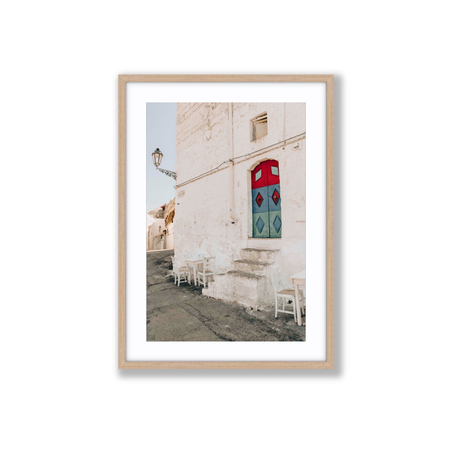 Doorway Delight Puglia Ostuni wall art Large fine art print in natural oak frame with matboard