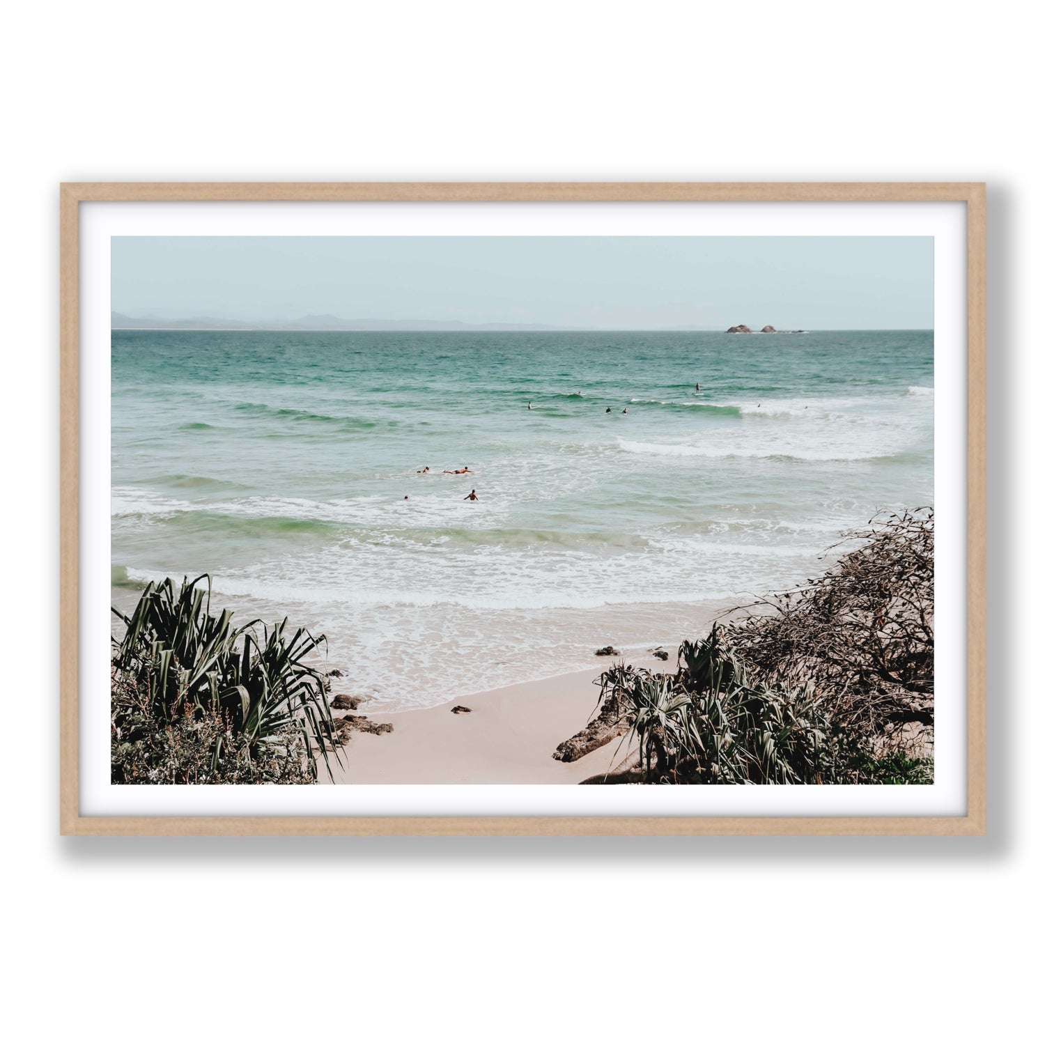Surf City Byron Bay Surf coastal wall art Statement fine art print in natural oak frame with matboard