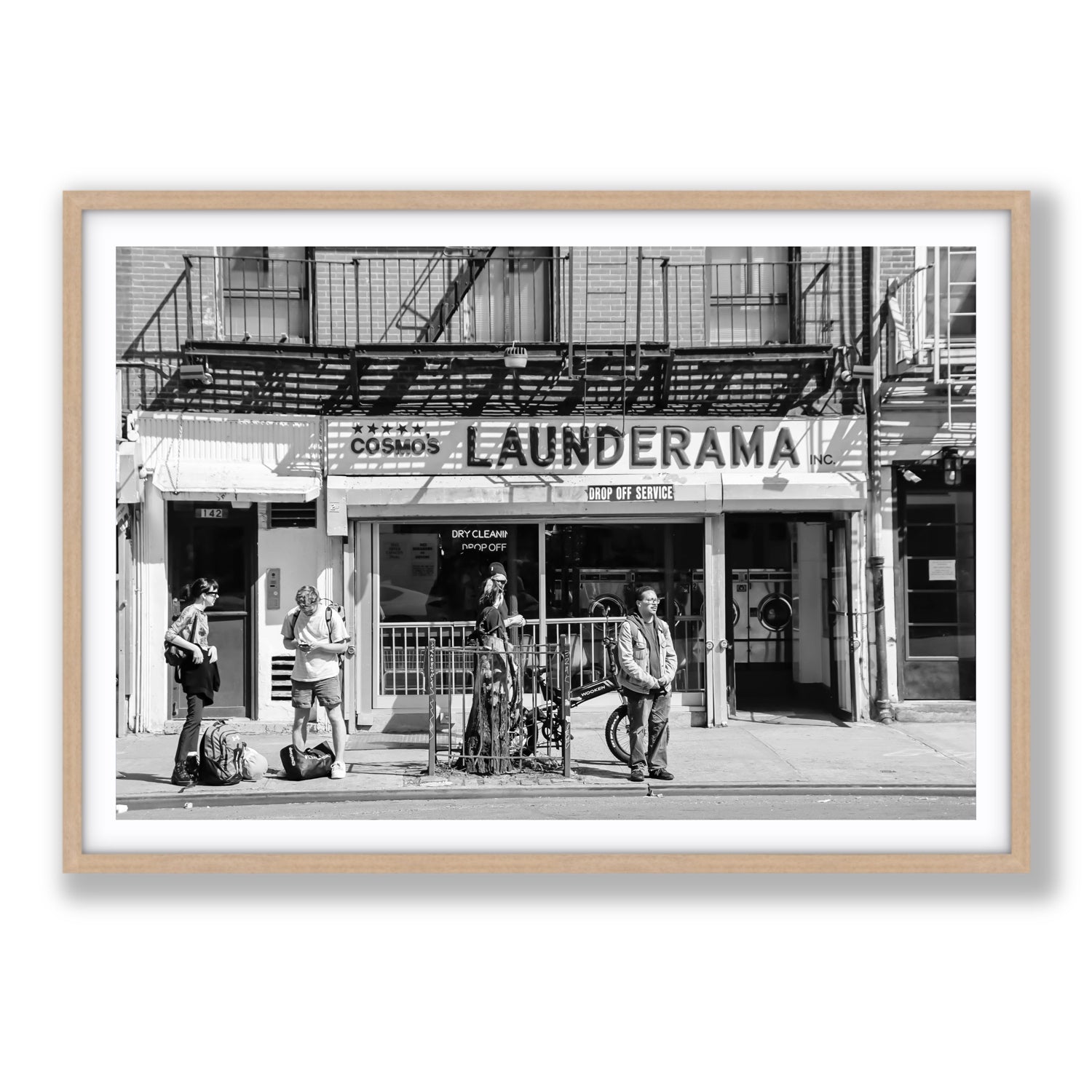 Launderama New York NYC Black & White wall art Statement fine art print in natural oak frame with matboard