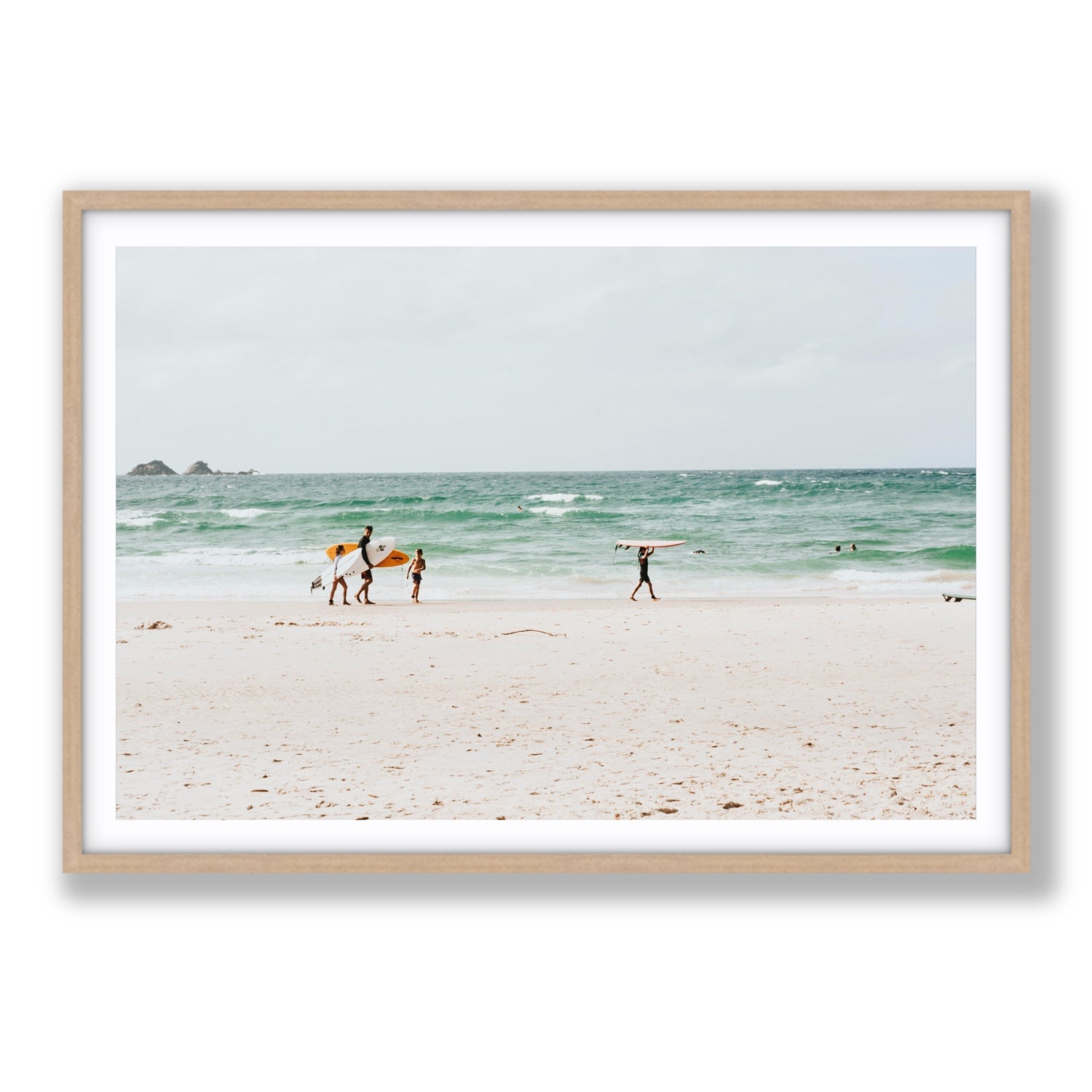 La Famiglia Byron Bay Family Surf coastal wall art Statement fine art print in natural oak frame with matboard