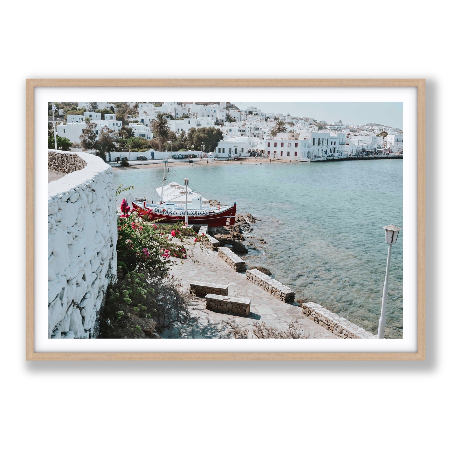 Harika Mykonos Greek island wall art Statement fine art print in natural oak frame with matboard