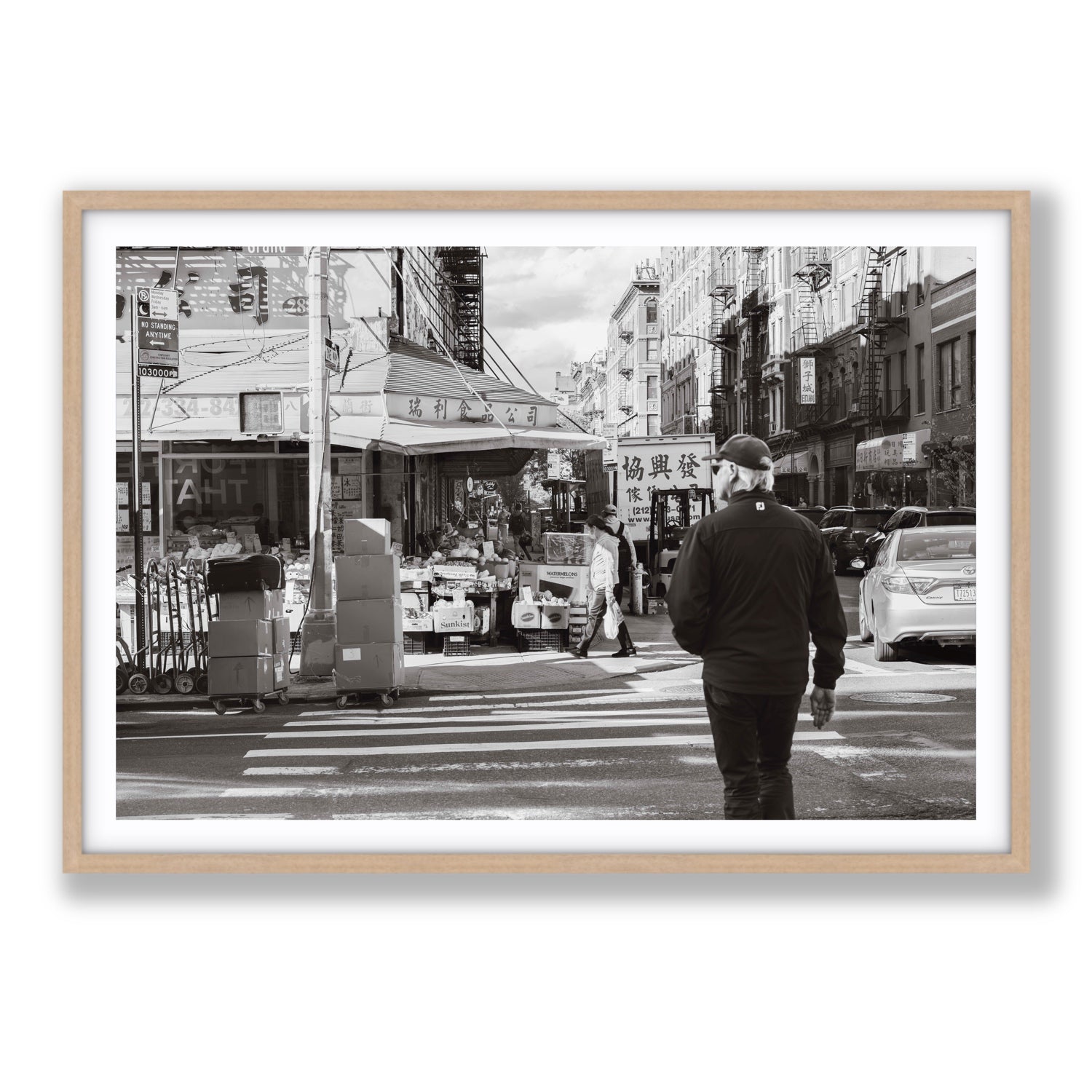 Chinatown New York NYC Street wall art Statement fine art print in natural oak frame with matboard