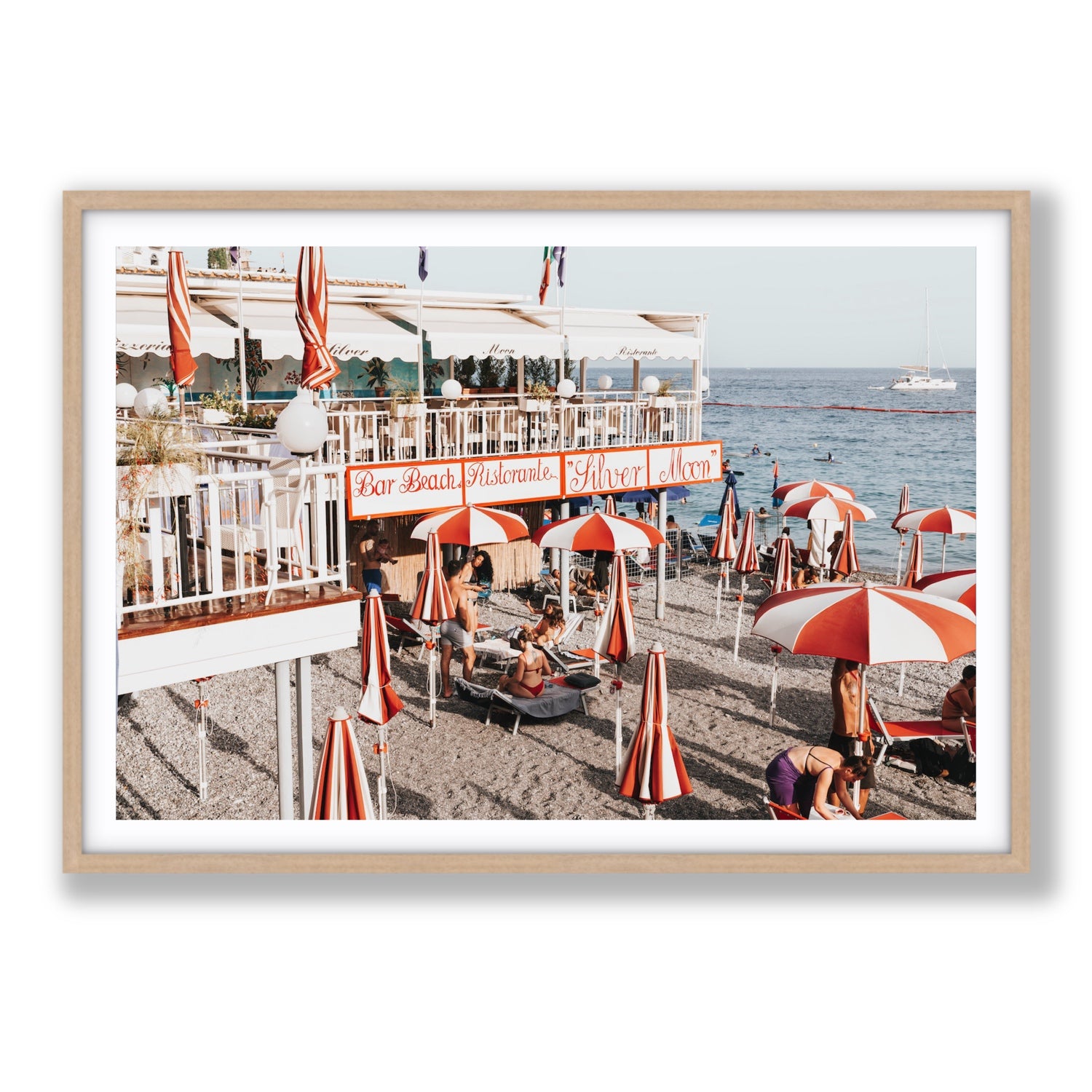 Silver Moon Amalfi Mediterranean wall art Statement fine art print in natural oak frame with matboard