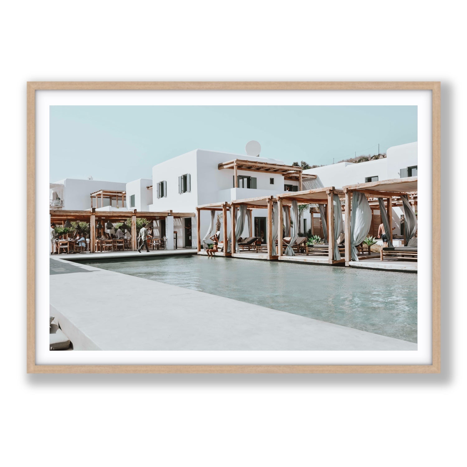 Polytelís Mykonos Greek island wall art Statement fine art print in natural oak frame with matboard