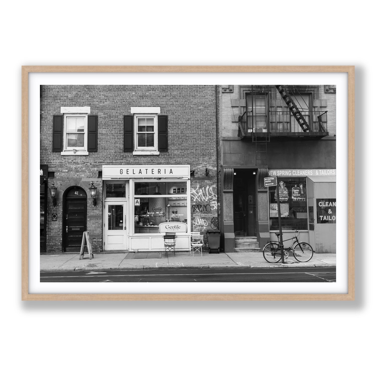 West Village Dolcezza New York NYC Black & White wall art Statement fine art print in natural oak frame with matboard