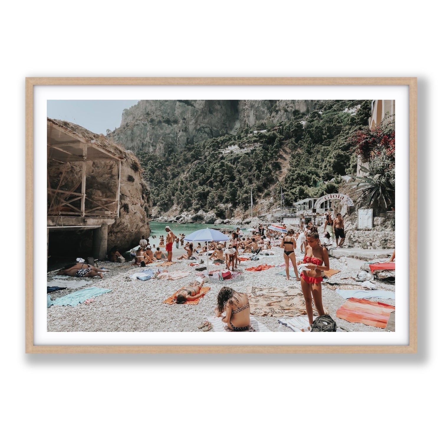 Spiaggia Da Gioia Capri beach coastal wall art Statement fine art print in natural oak frame with matboard