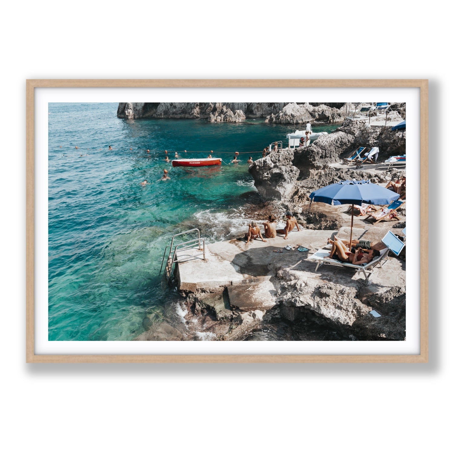 Serenity By The Sea Capri Mediterranean wall art Statement fine art print in natural oak frame with matboard