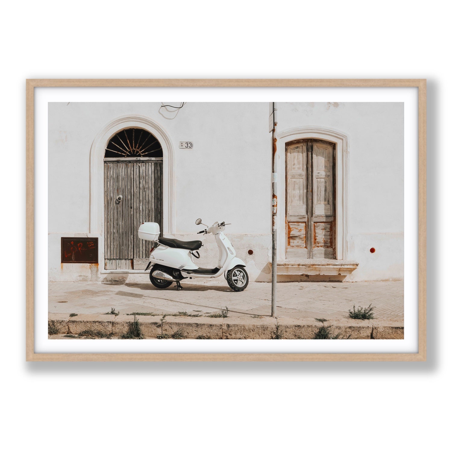 Vespa Nostalgia Puglia Italian wall art Statement fine art print in natural oak frame with matboard