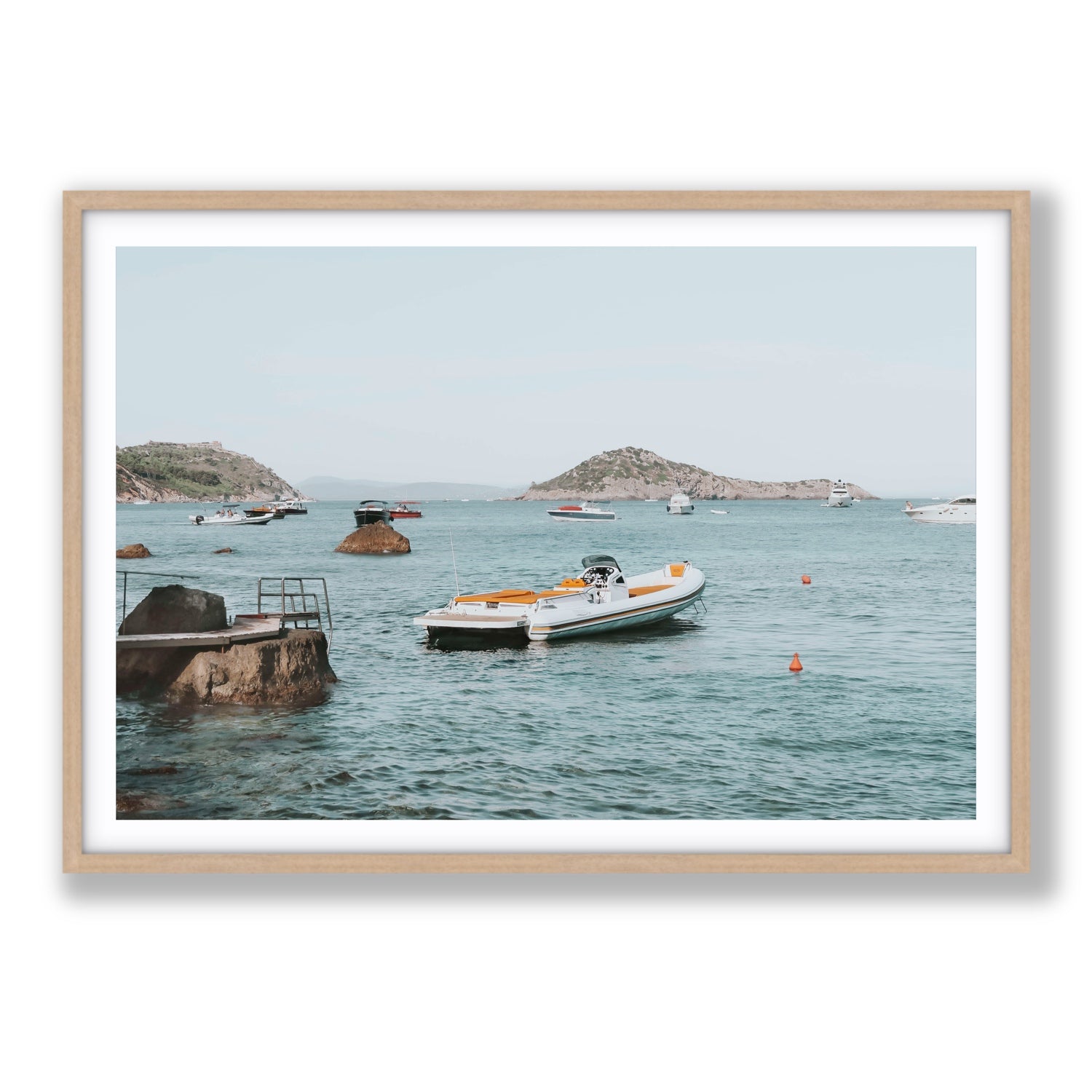 The Azure Sea Tuscany coastal Italian wall art Statement fine art print in natural oak frame with matboard