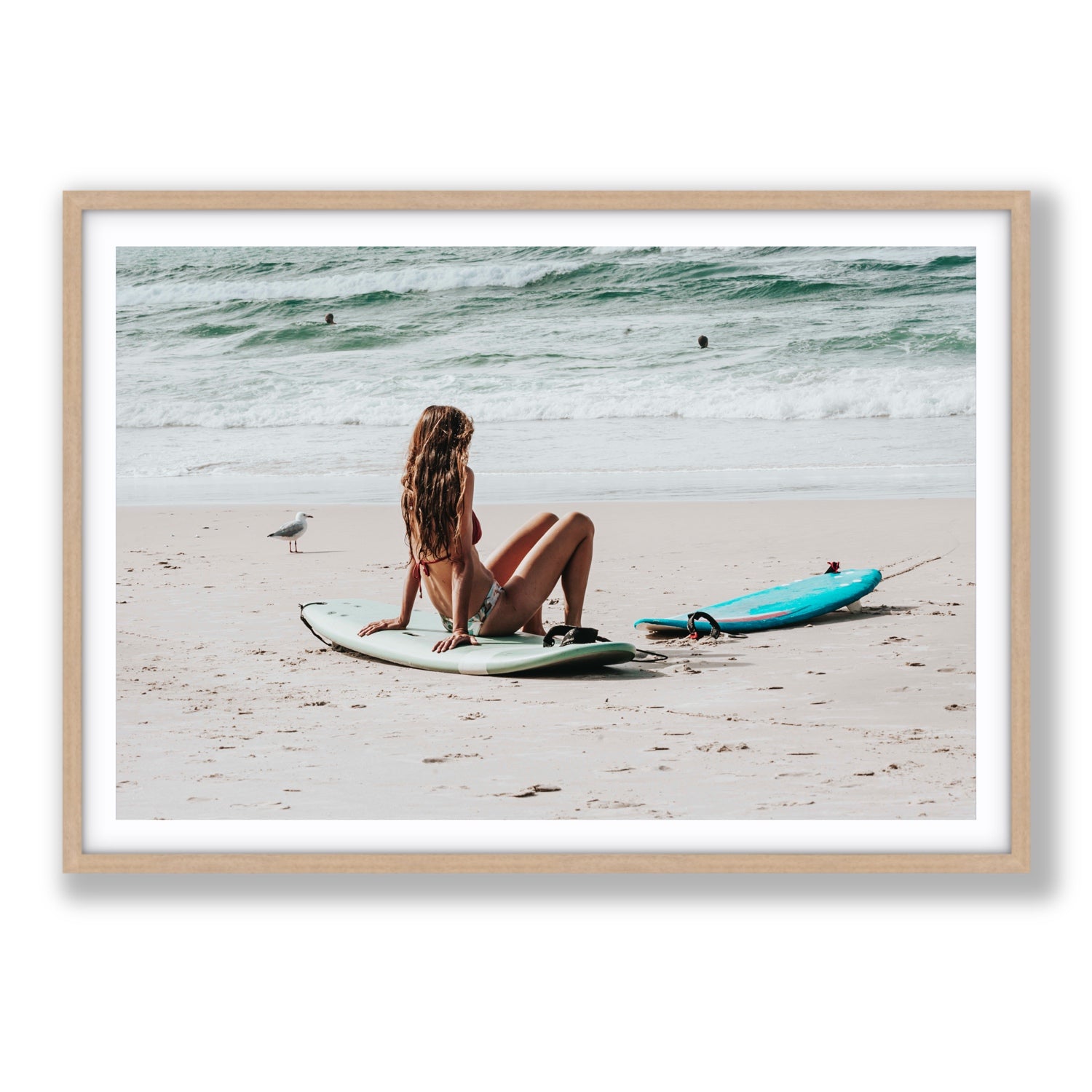 Ciao Bella Byron Bay Surf coastal wall art Statement fine art print in natural oak frame with matboard