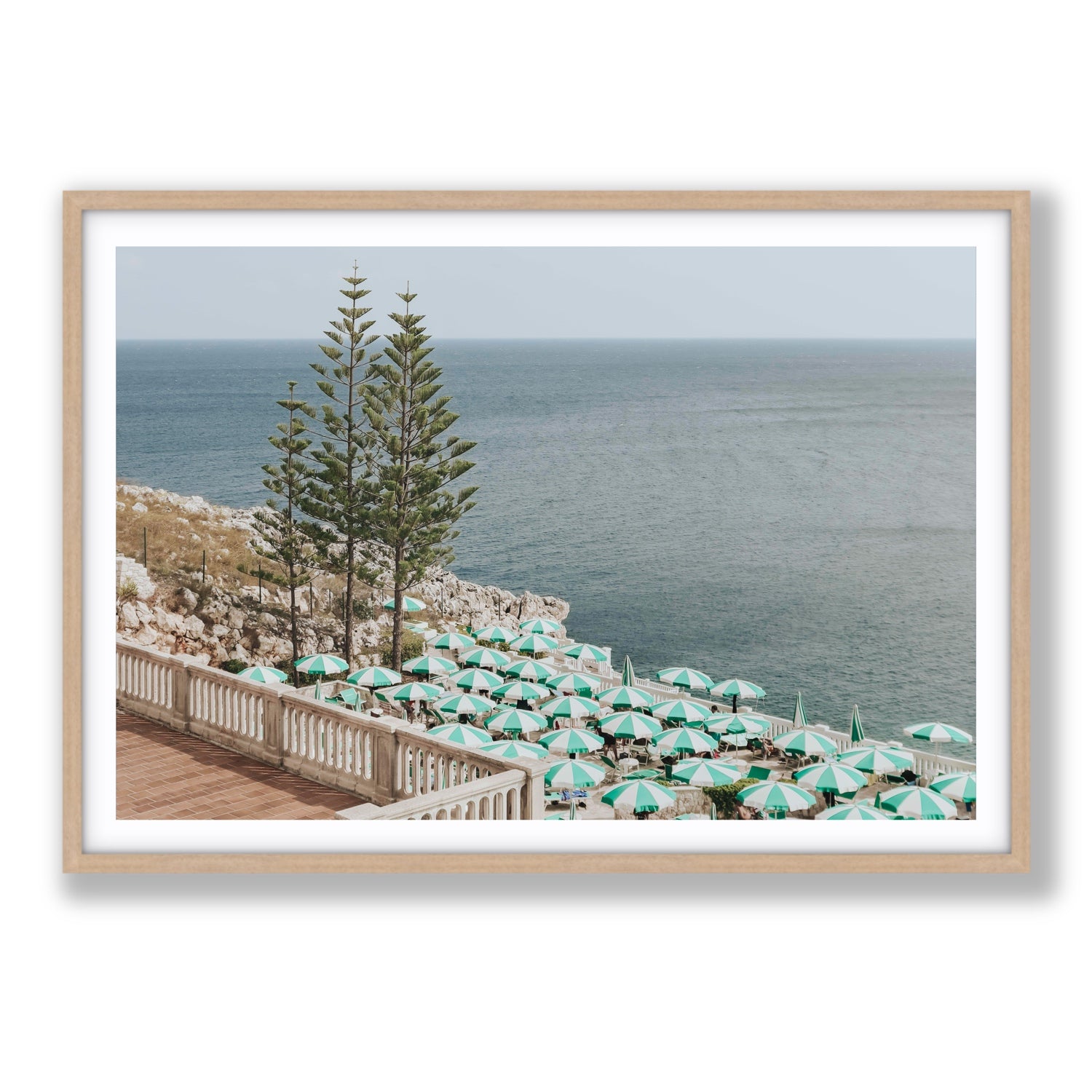 Azure Horizon Puglia beach coastal wall art Statement fine art print in natural oak frame with matboard