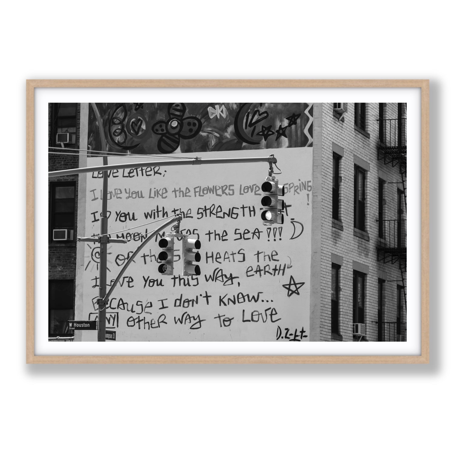 Love Letter New York NYC Black & White wall art Statement fine art print in natural oak frame with matboard