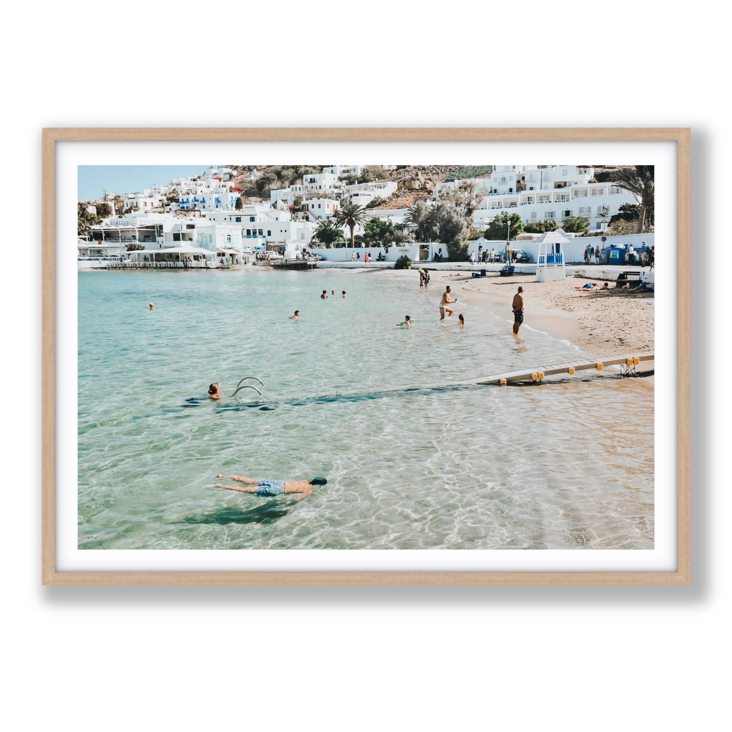 Bathe Yourself In Beauty Mykonos Greek island wall art Statement fine art print in natural oak frame with matboard