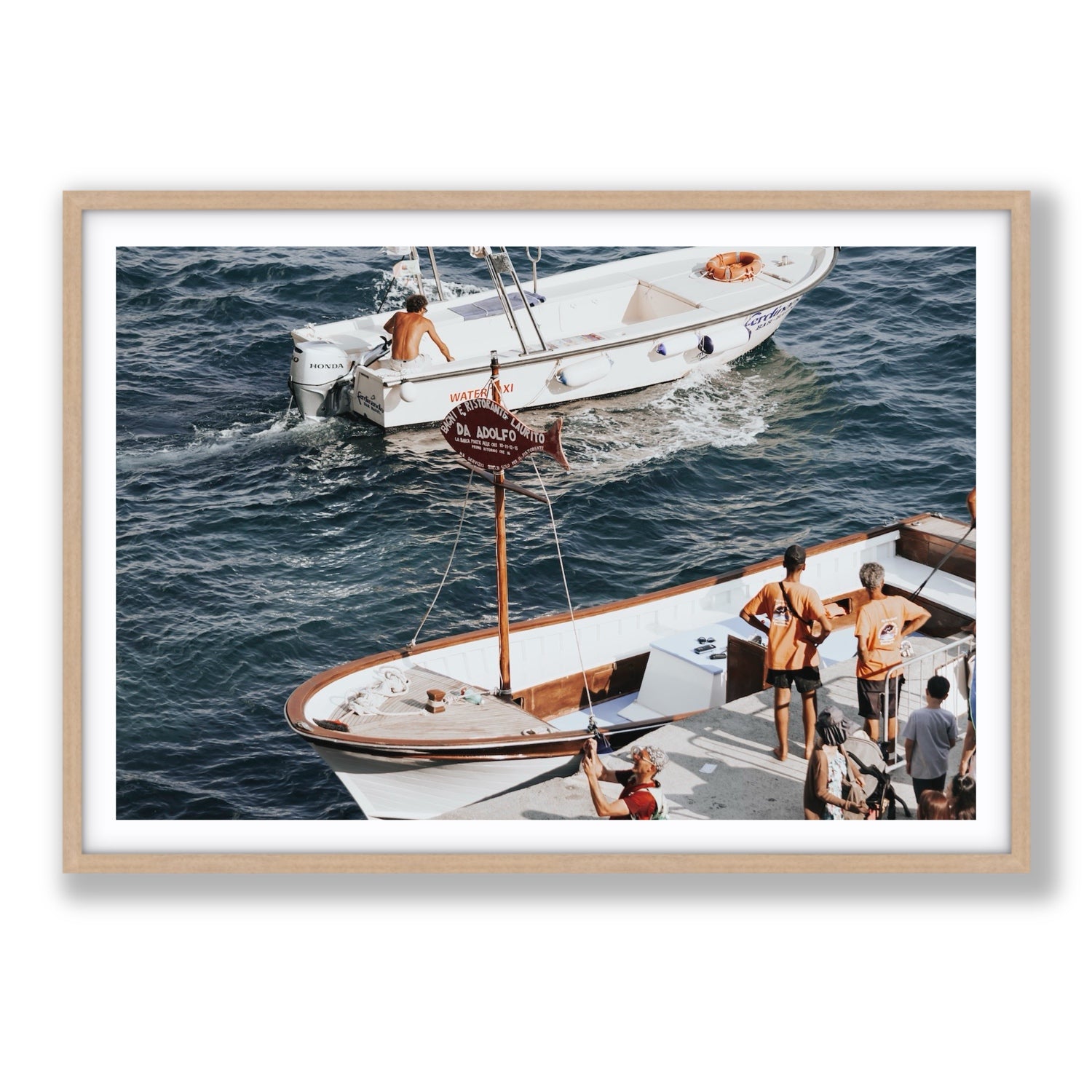 Water Taxi Positano wall art Statement fine art print in natural oak frame with matboard