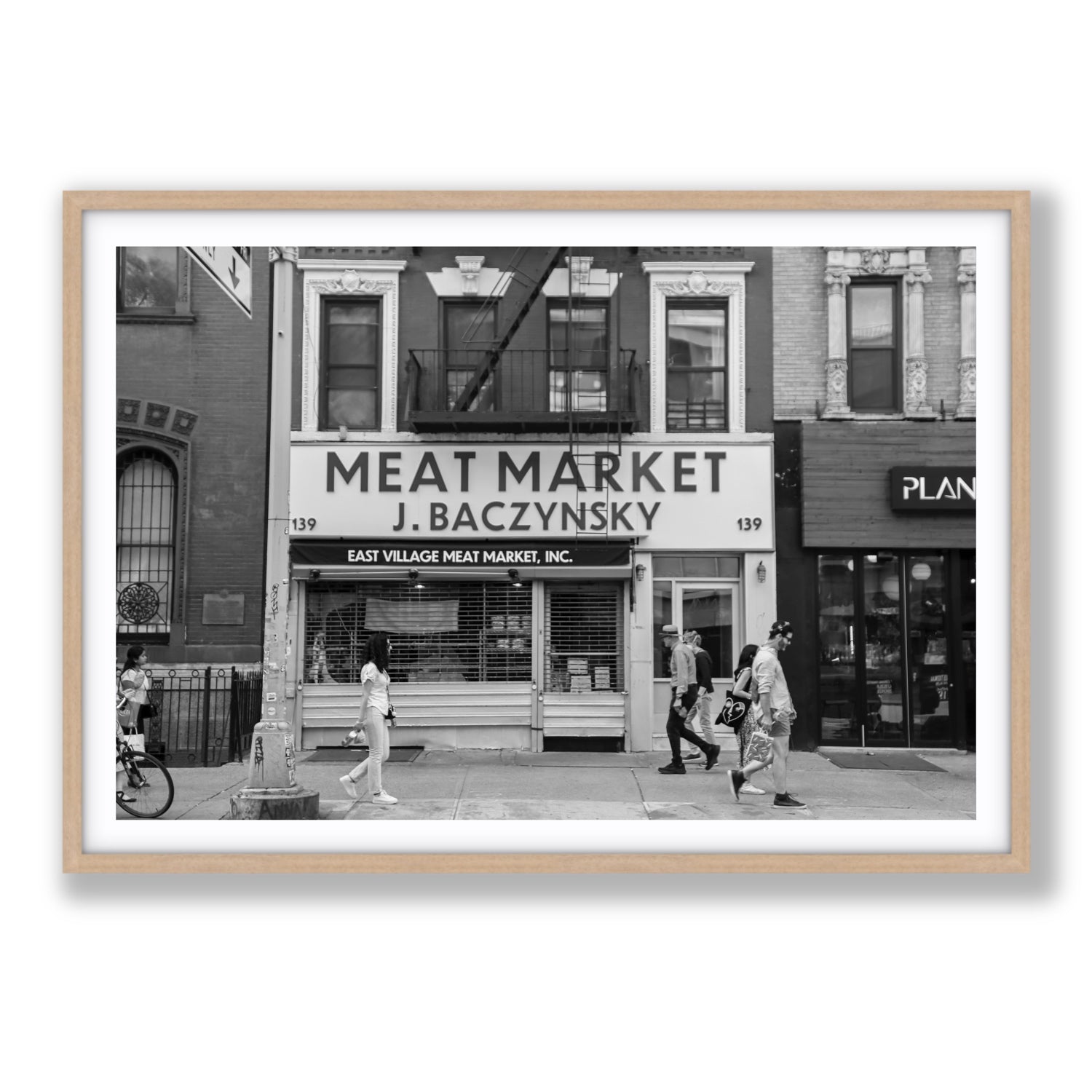 Meat District New York NYC Black & White wall art Statement fine art print in natural oak frame with matboard