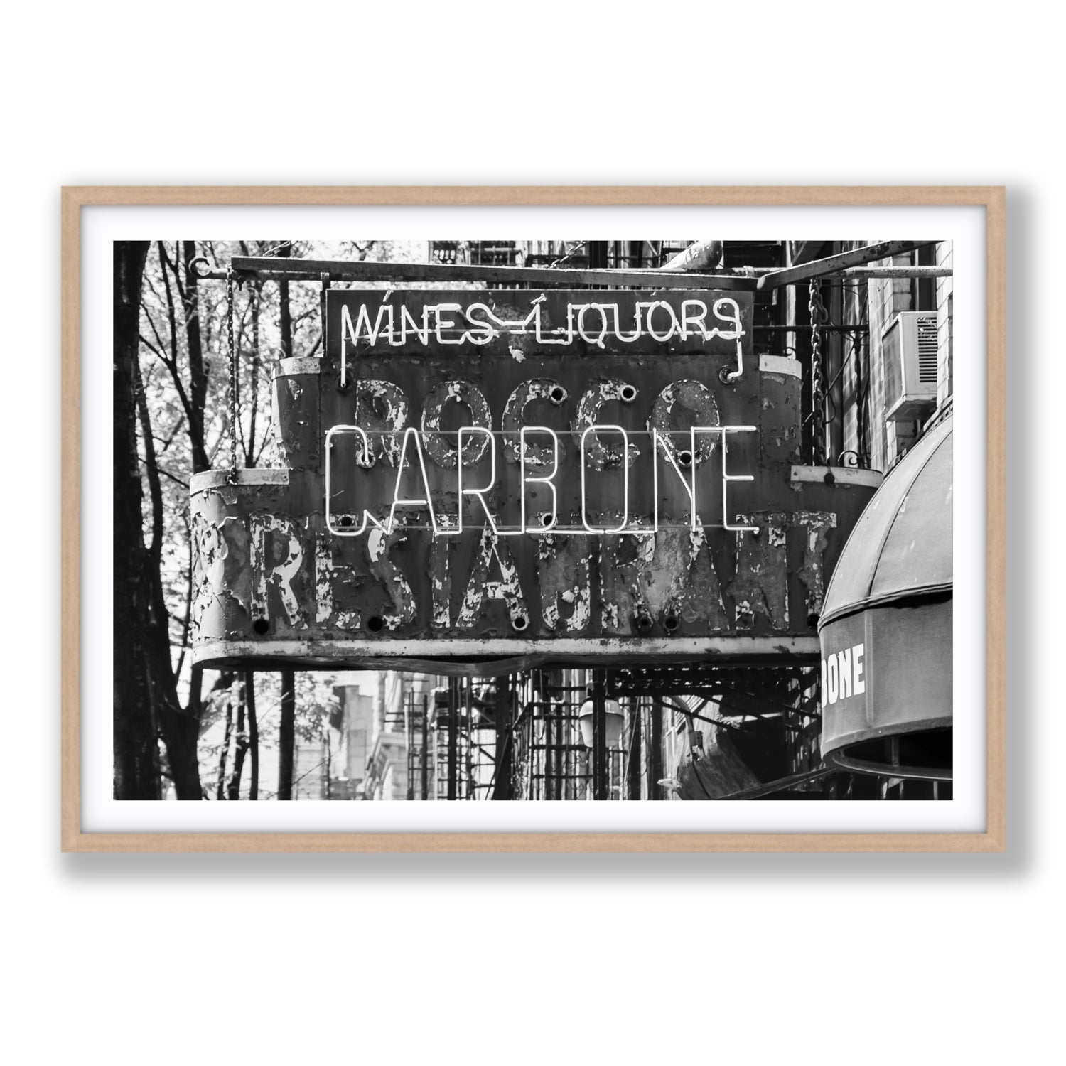 Thompson Street New York NYC Black & White wall art Statement fine art print in natural oak frame with matboard