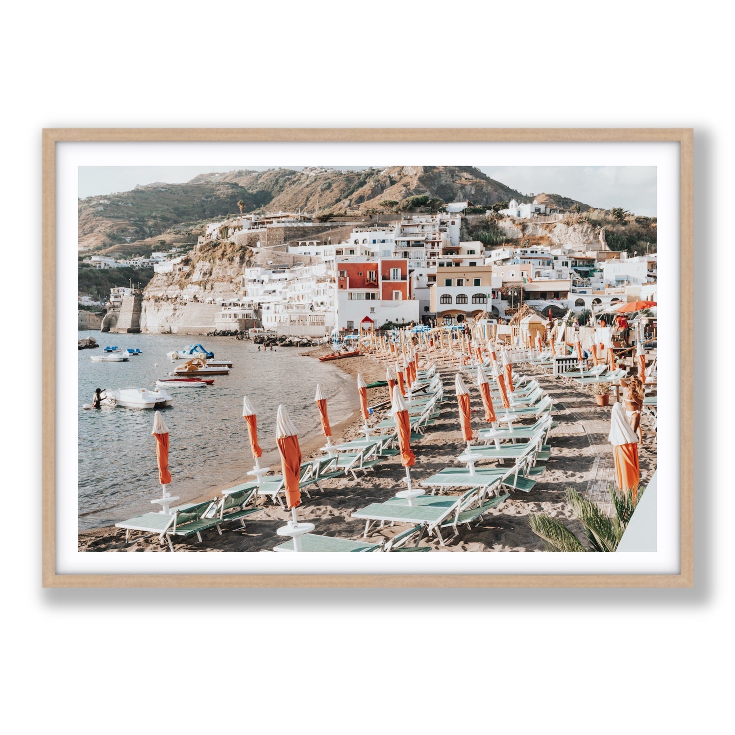 Sole Estivo Ischia Italian coastal wall art Statement fine art print in natural oak frame with matboard