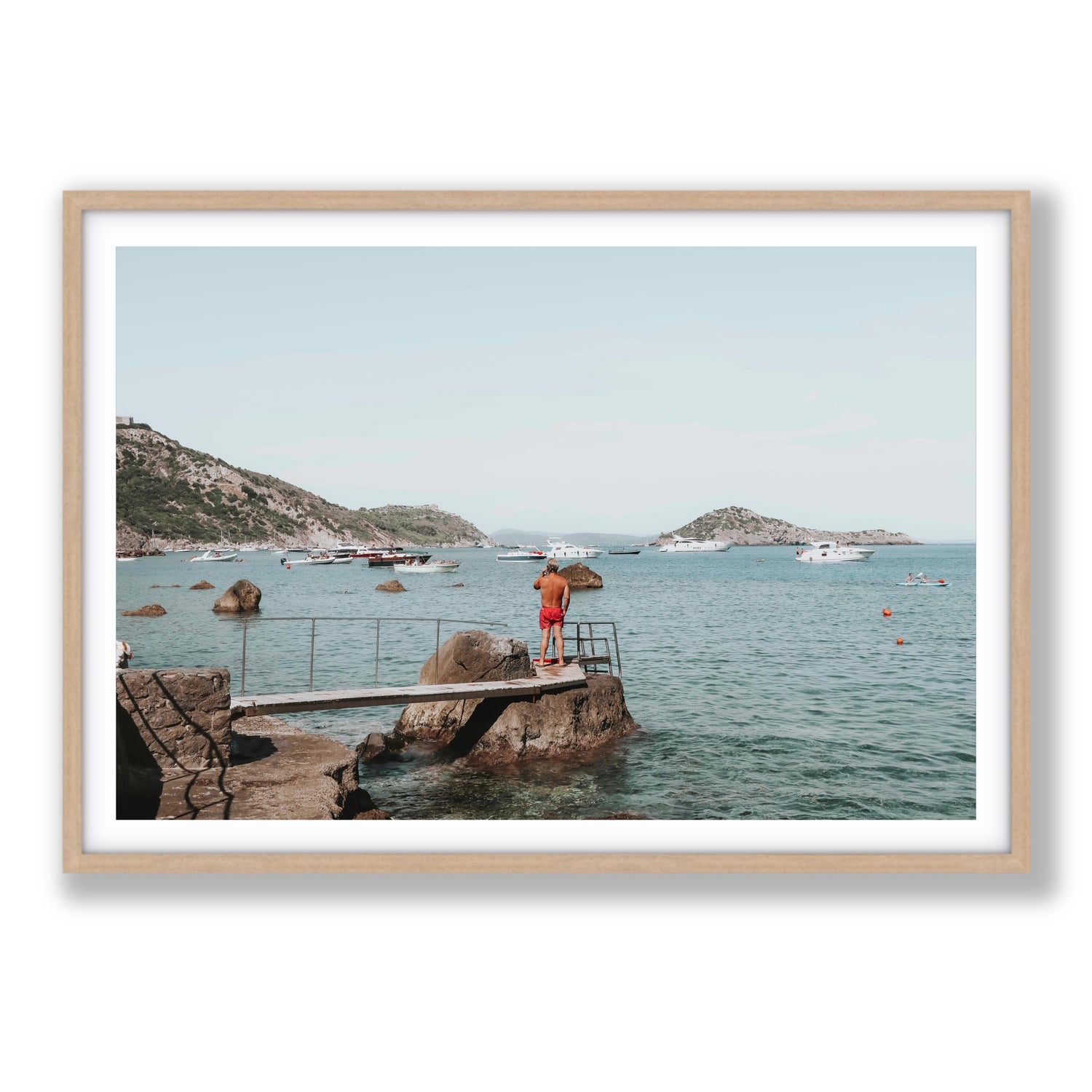 Out Of Office Tuscany coastal Italian wall art Statement fine art print in natural oak frame with matboard