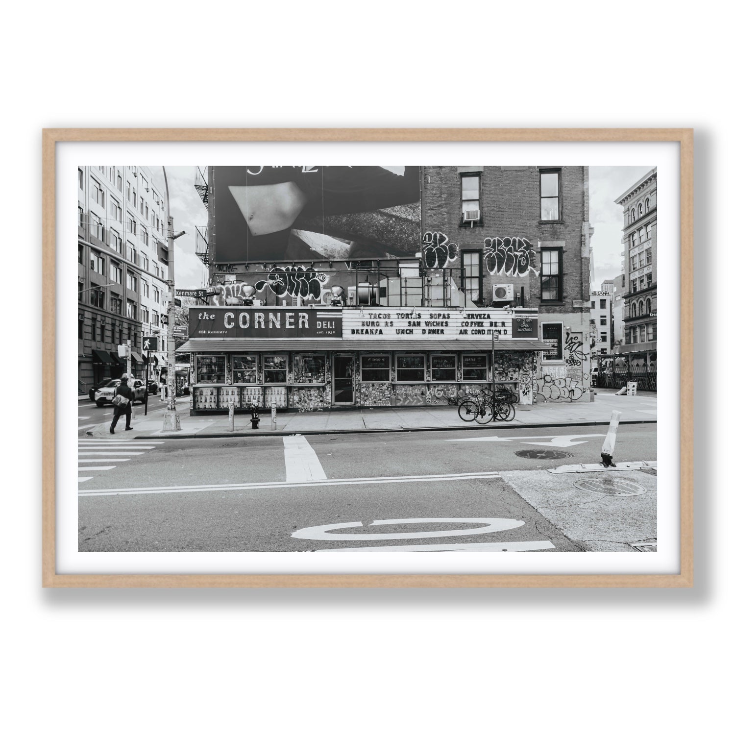 Kenmare Street New York NYC Black & White wall art Statement fine art print in natural oak frame with matboard