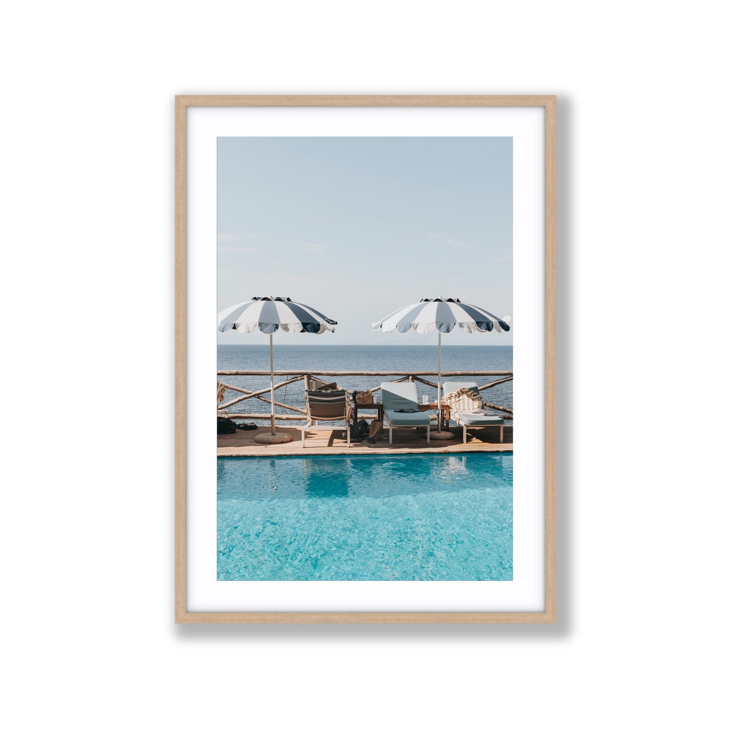 Beach Retreat fine art print, Ischia, Italy, european beach clubs artwork, Extra Large, Natural Oak Frame · Matboard, Fine Art Print