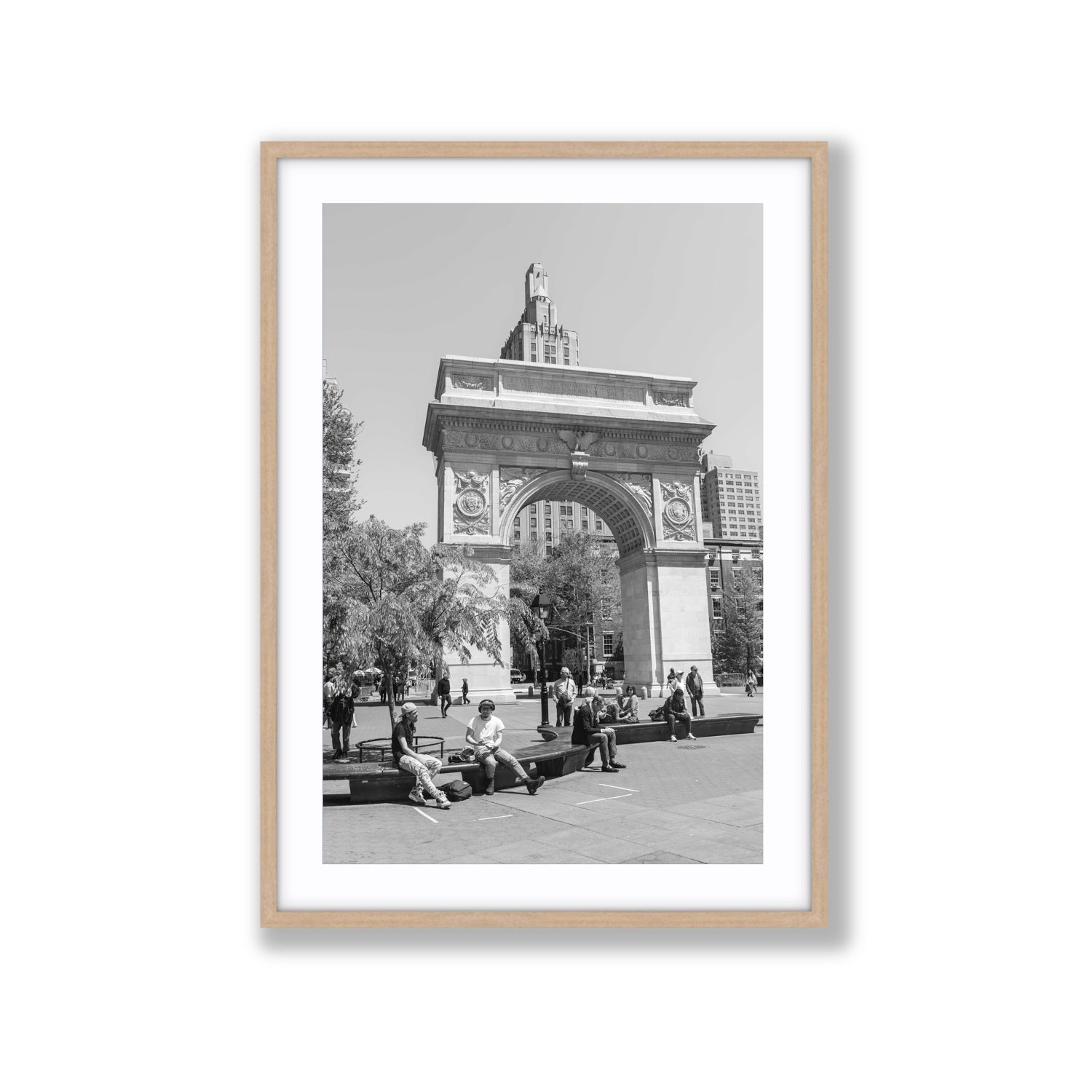City Picnic New York NYC Black & White wall art Extra Large fine art print in natural oak frame with matboard