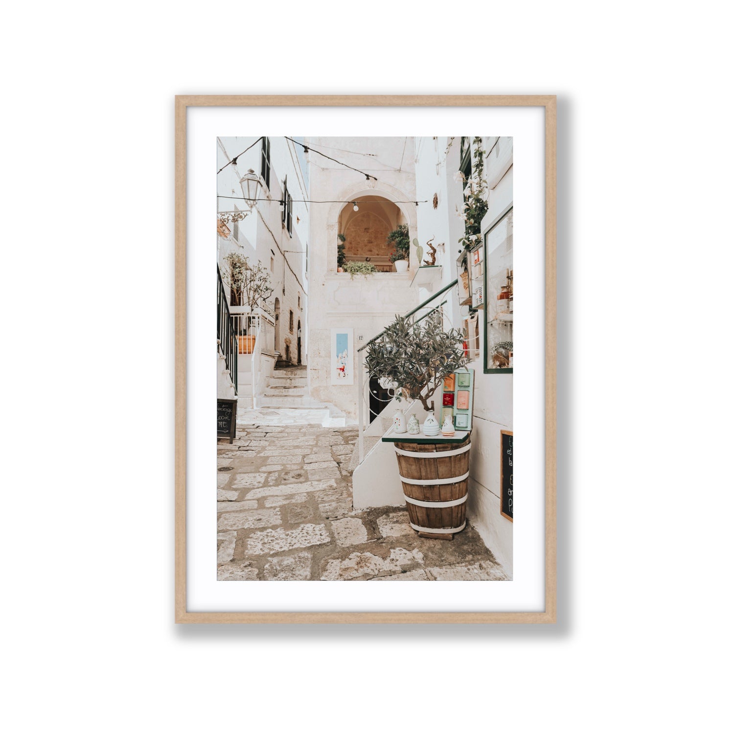 Olive Tree Lane Puglia Ostuni Mediterranean decor wall art Extra Large fine art print in natural oak frame with matboard