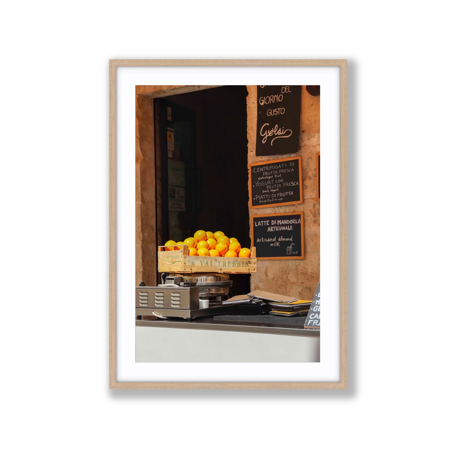Luminous Citrus Puglia Ostuni Italian wall art Extra Large fine art print in natural oak frame with matboard