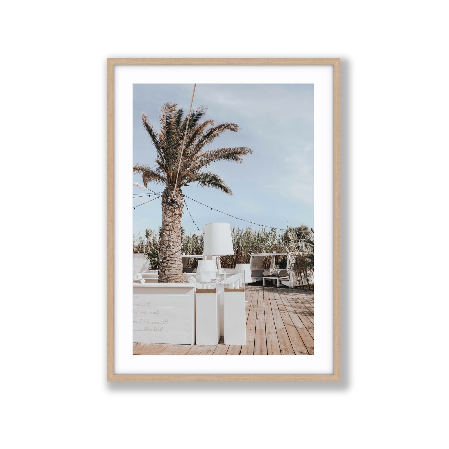 Seabreeze Palm Puglia coastal beach wall art Extra Large fine art print in natural oak frame with matboard