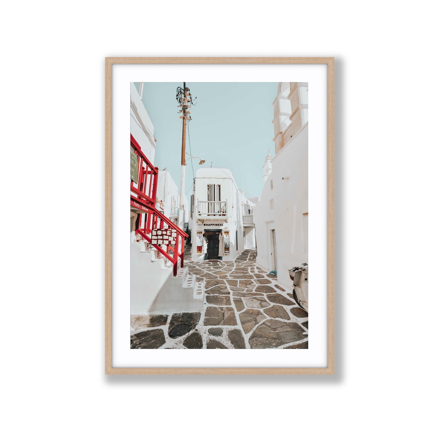 Happiness Mykonos Greek island wall art Extra Large fine art print in natural oak frame with matboard