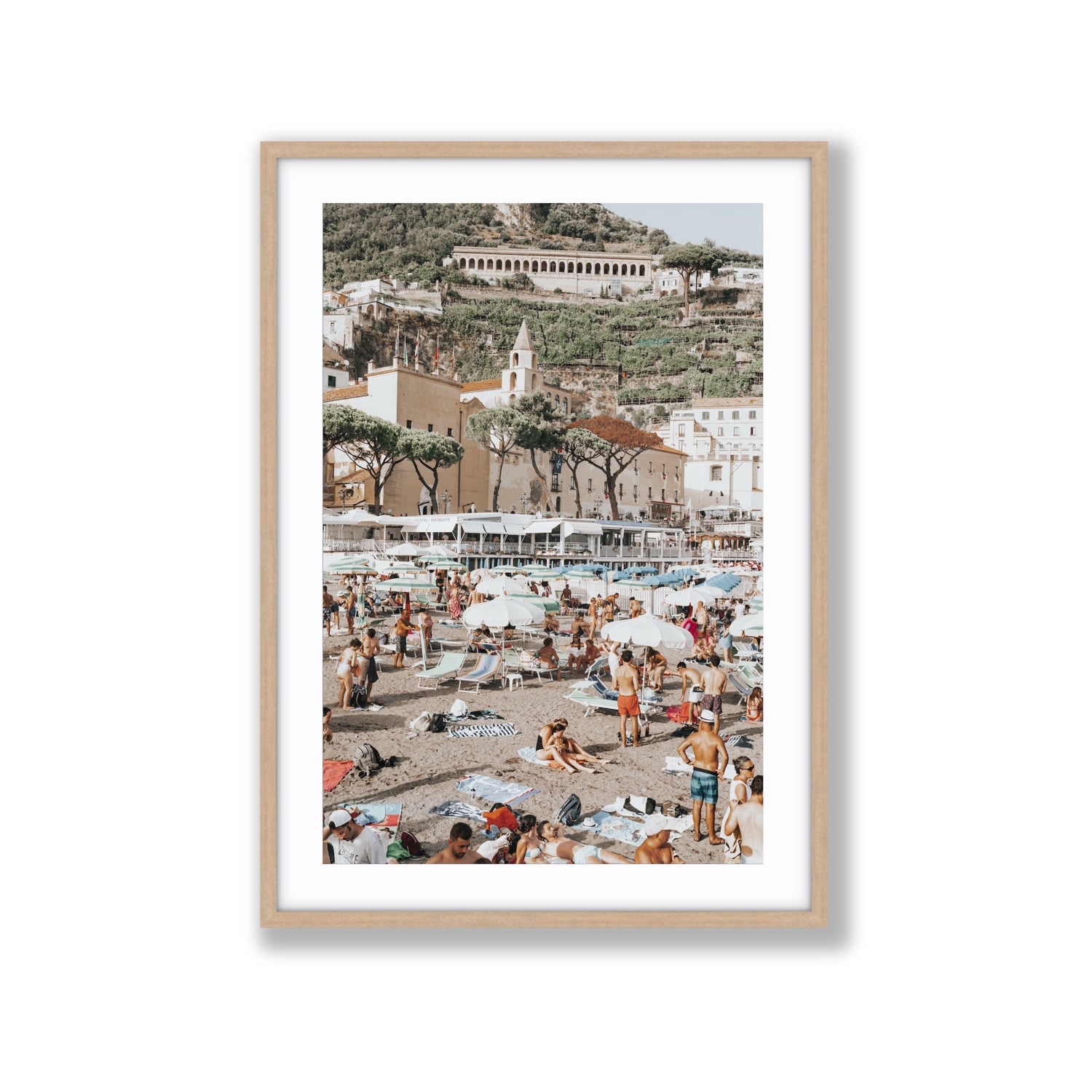 Festa In Spiaggia Amalfi coastal wall art Extra Large fine art print in natural oak frame with matboard